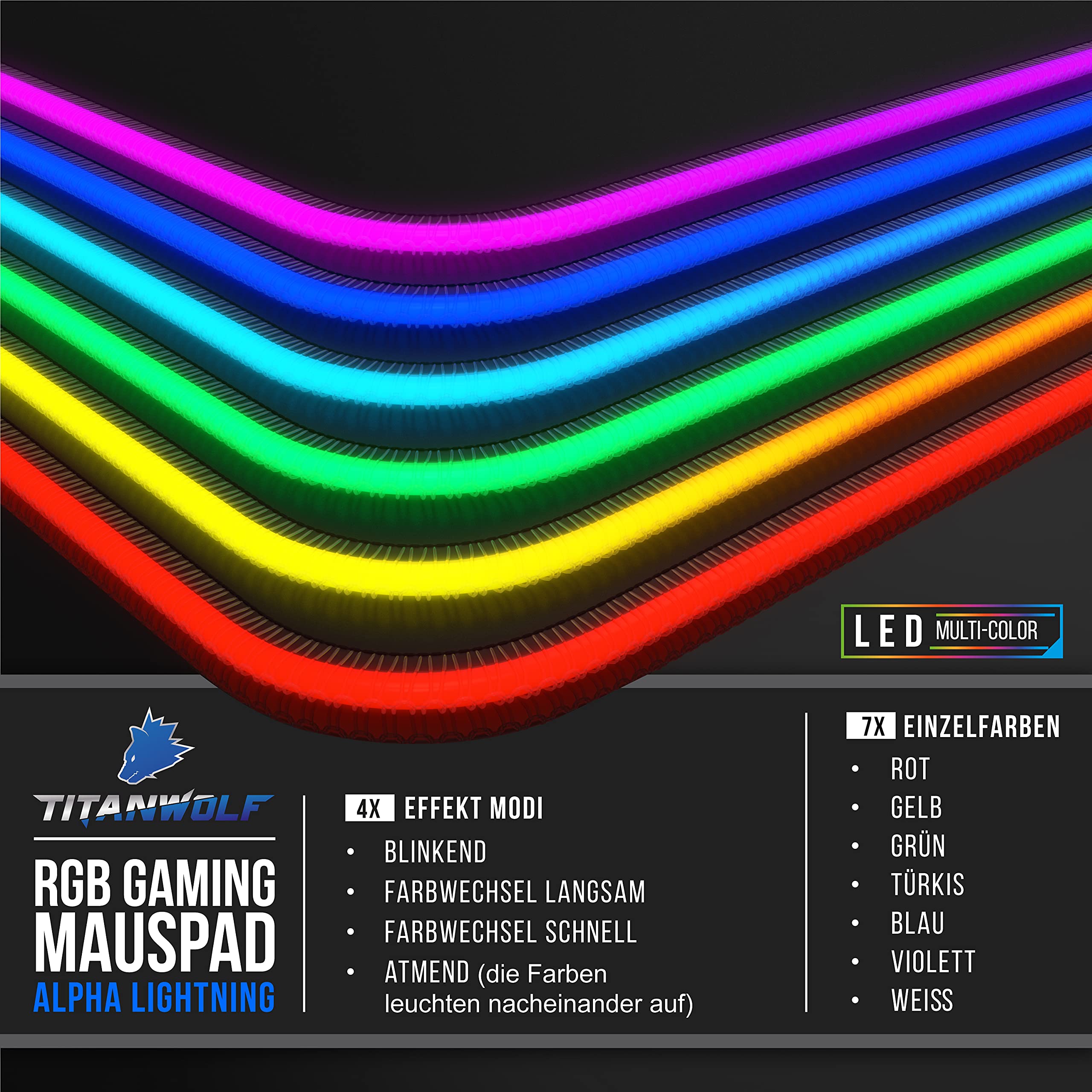 Titanwolf - XXXL RGB Gaming Mauspad – 1200 x 600 mm - Mousepad - LED Multi Color - 7 LED Farben Plus 4 Effektmodi - für Präzision und Geschwindigkeit - Gummierte Unterseite - abwaschbar