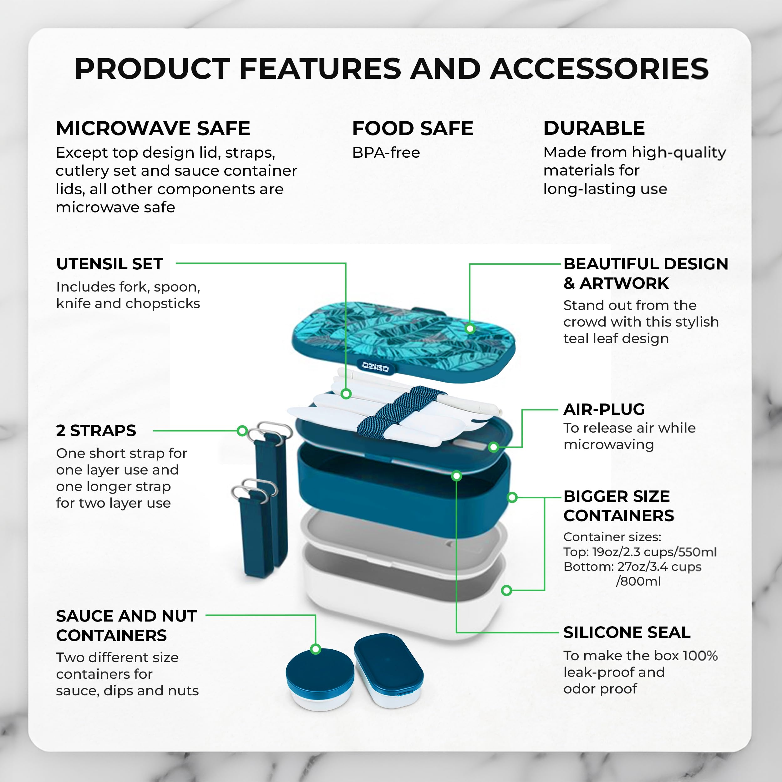 OZIGO Premium Teal Leaf Lunch Box for Women With Containers, Womens Lunch Box, Lunchbox For Woman, Adult Lunch Boxes For Women, Adult Bento Box Lunch Box with Lunch Bag, 100% Leak Proof & Microwavable