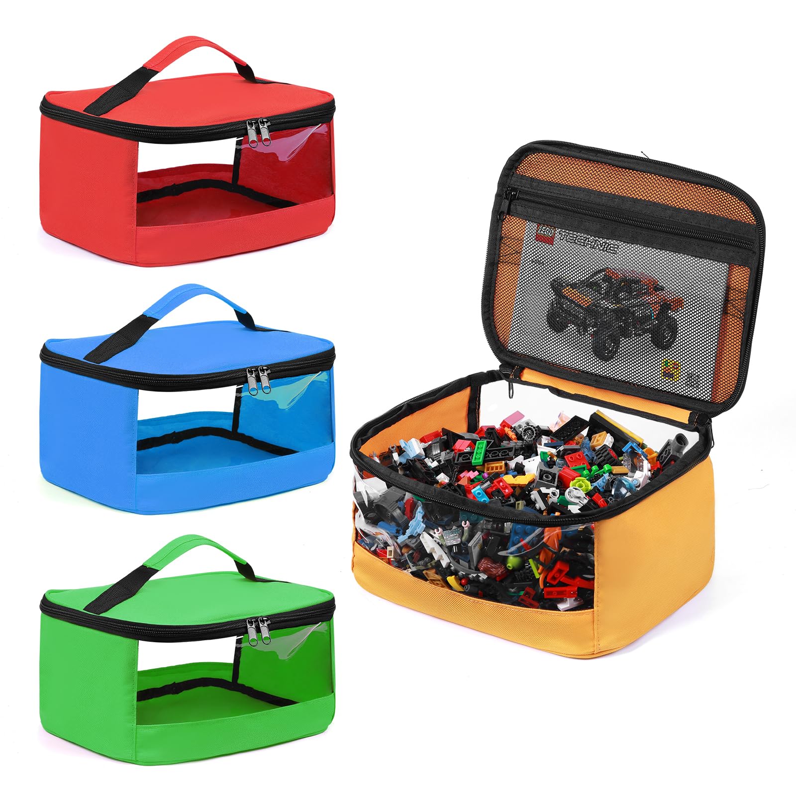 4 bolsas de almacenamiento de juguetes, bolsa organizadora de juguetes de PVC transparente con bolsillo manual para ladrillos de construcción clásicos, rompecabezas, coches de juguete, tamaño grande