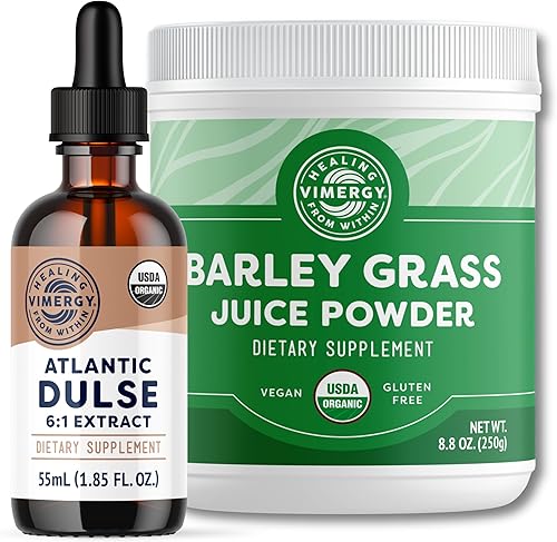 Vimergy USDA Organic Atlantic Dulse, 55 porciones y jugo de hierba de cebada orgánica en polvo, 62 porciones, paquete