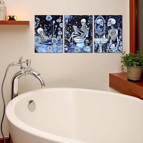 Miniatura 3 de FuShvre Decoración de esqueleto para baño, cuadros artísticos de pared de esqueleto Moody para baño, pintura gótica para decoración del hogar,