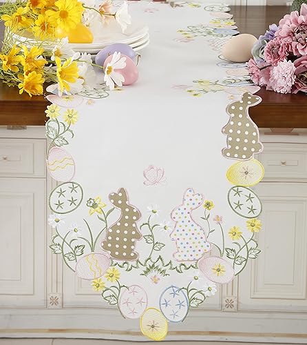 Miniatura 10 de Camino de mesa de Pascua con diseño de conejitos de primavera, huevos, flores, bordado, floral y conejos, huevos, tocador, bufanda, decoración de