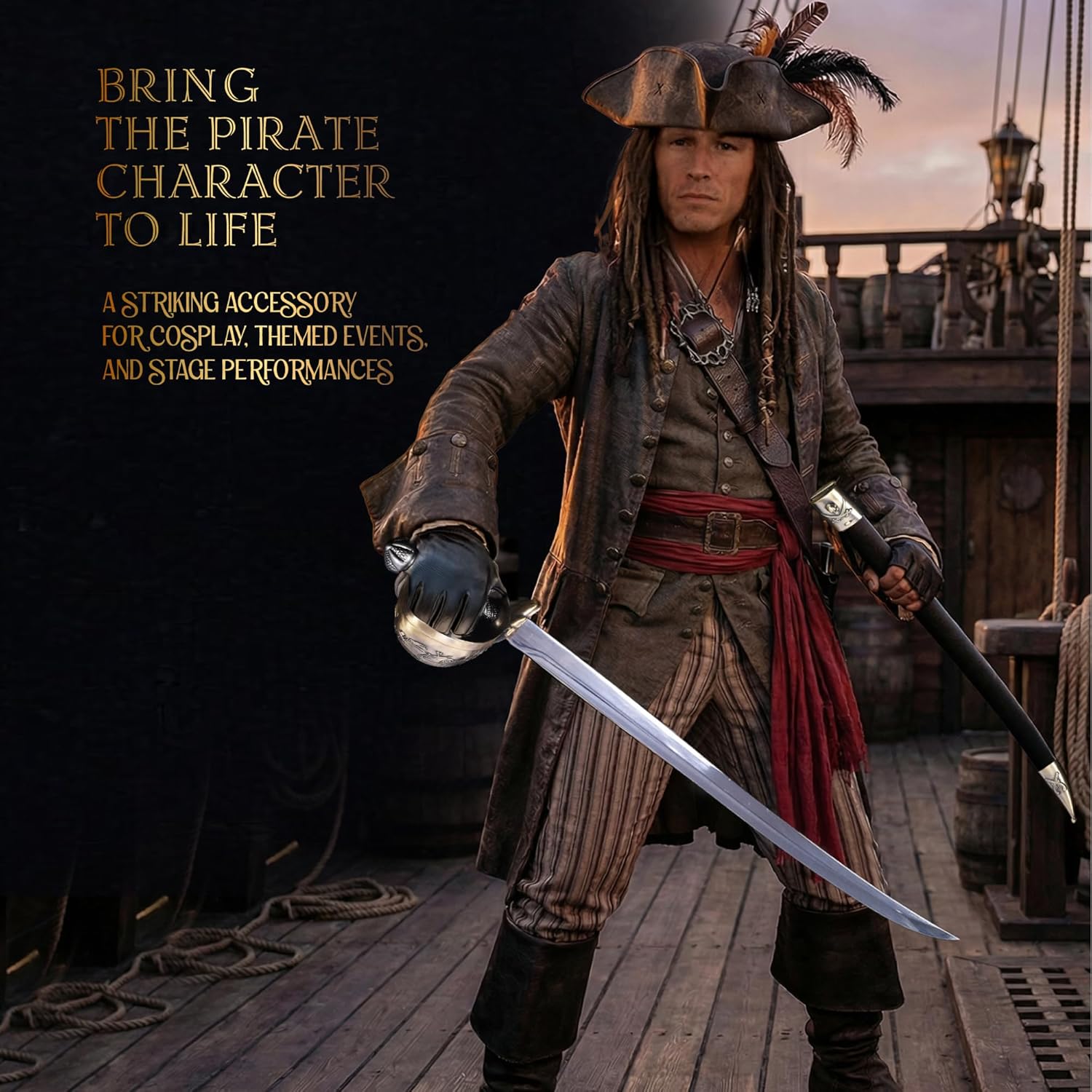 Caribbean Pirate Cutlass Sword Replica - Adult Caribbean Pirate Cosplay Prop with Stainless Steel Cutlass Blade Basket Hilt Guard Scabbard for Costume & Display
