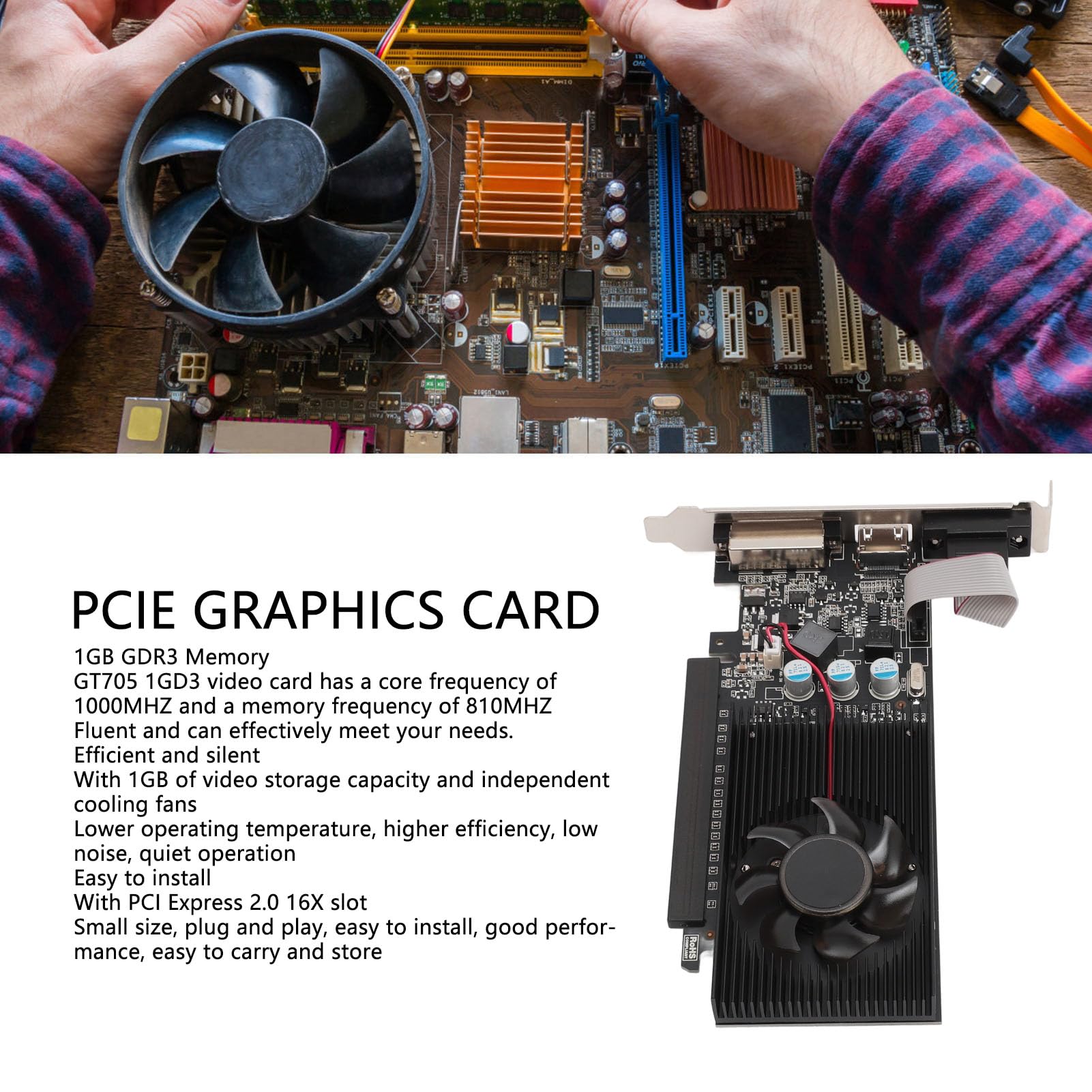 Karta Graficzna GT 705, 64-bitowa Karta Graficzna DDR3 z Wentylatorem, DirectX 12, Karta Graficzna PCIE do Gier na Komputer Stacjonarny, 2560x1600 PCIE 2.0 16X Karta Wideo AMD z CD