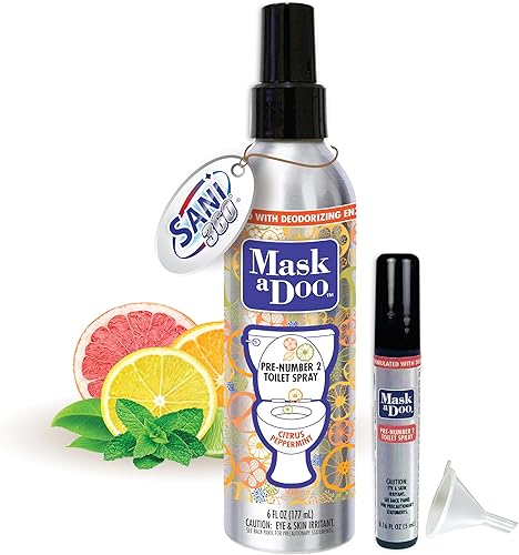 Miniatura 9 de SANI 360 Mask a Doo - Aerosol para inodoro, fórmula de enzima desodorizante portátil para baño, espray neutralizador de olores con repuesto de 0.2