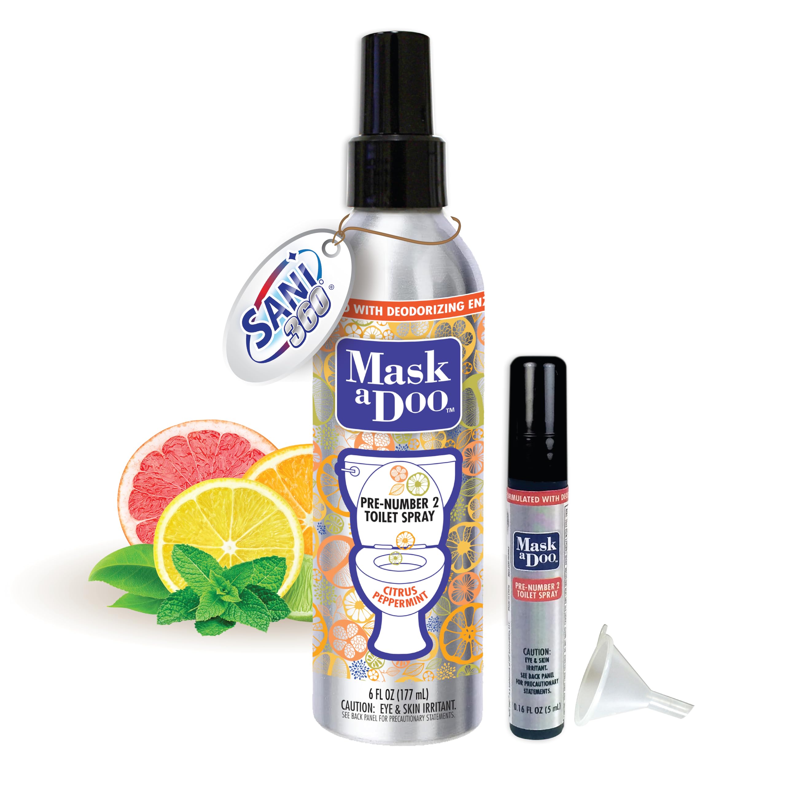 SANI 360° Mask a Doo Toilet Spray, Portable Bathroom-Deodorizing Enzyme Formula, Odor-Neutralizer Spray with 5-Milliliter Refill, Citrus Peppermint Essential Oils, 6 Ounces