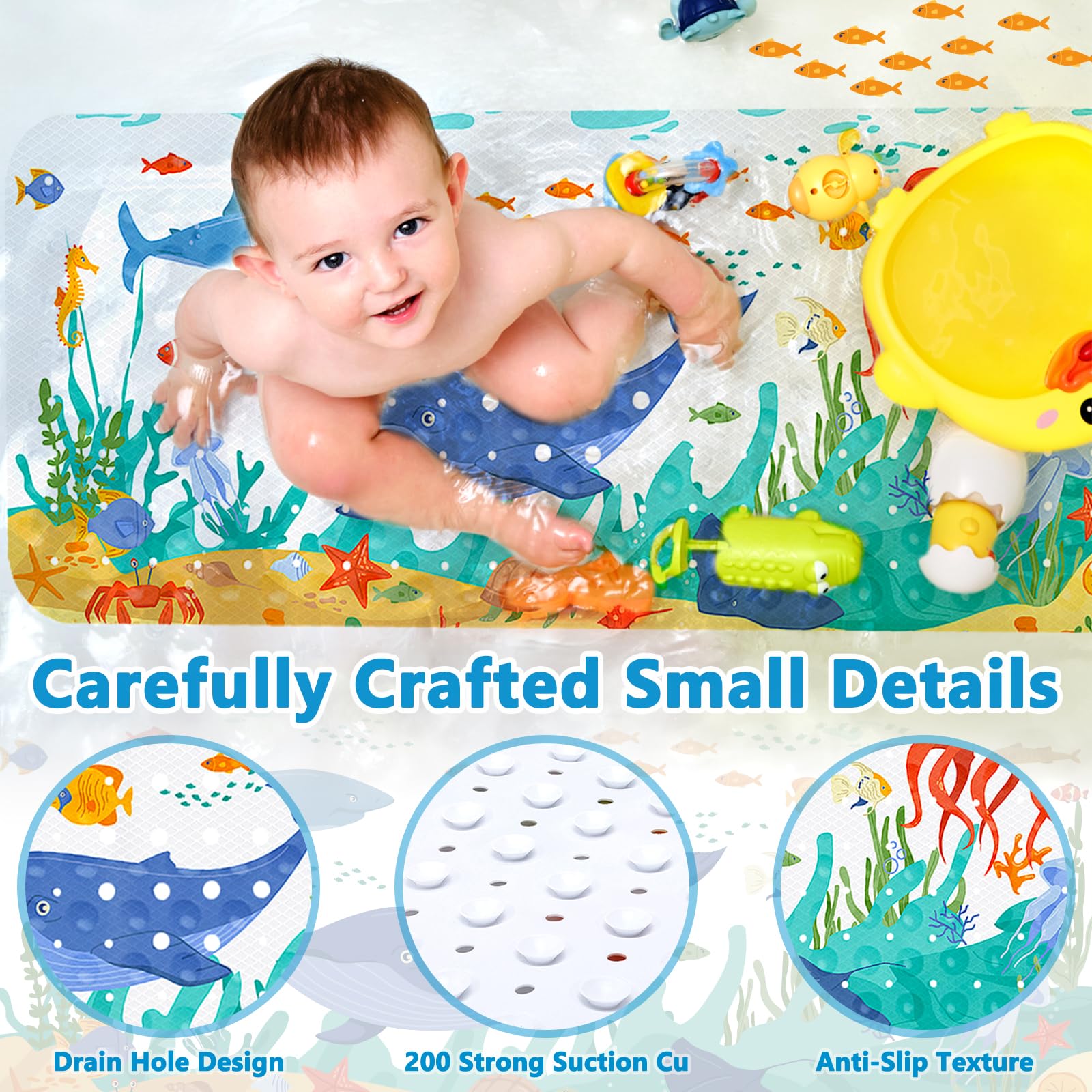 Tapis de Bain Antidérapant pour Enfants 100x40cm PVC 200 Ventouses Lavable en Machine