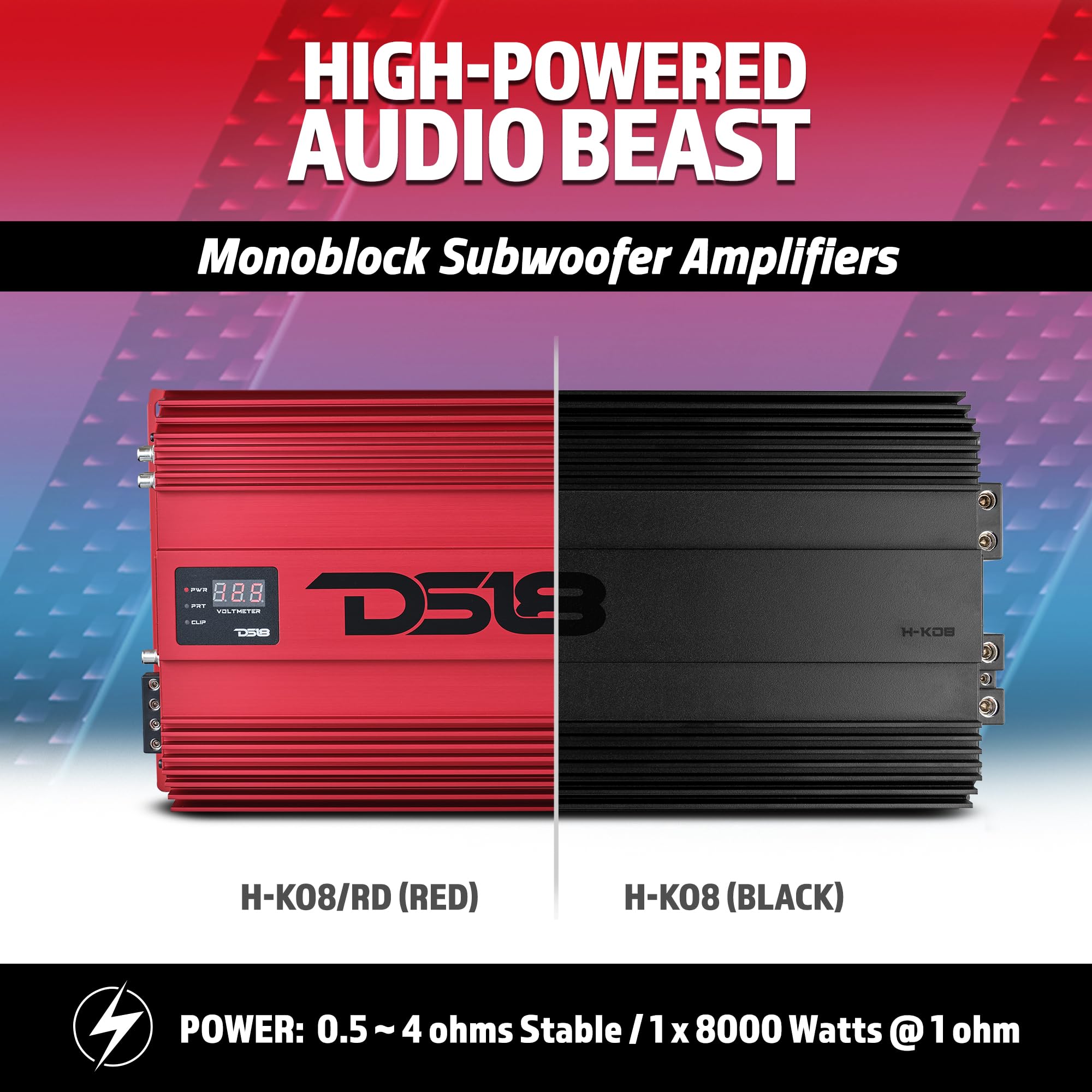 DS18 H-KO8/RD Korean Half Bridge 1-Channel Monoblock Amplifier with Voltmeter and Clip Indicator, 8000 Watts RMS - High-Performance Car Amp, Remote BASS Knob Included