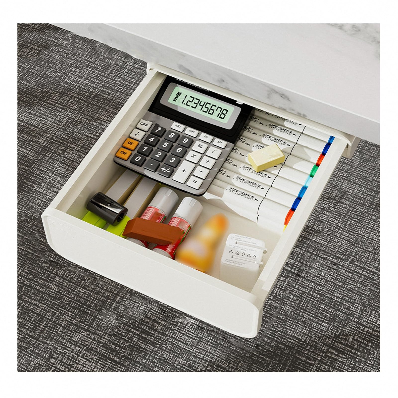 cassetto sotto la scrivania, Scatola portaoggetti nascosta sotto il cassetto della scrivania, organizer da pop-up autoadesivo con guida scorrevole a scatto, grigio, 1, dimensioni(White2)