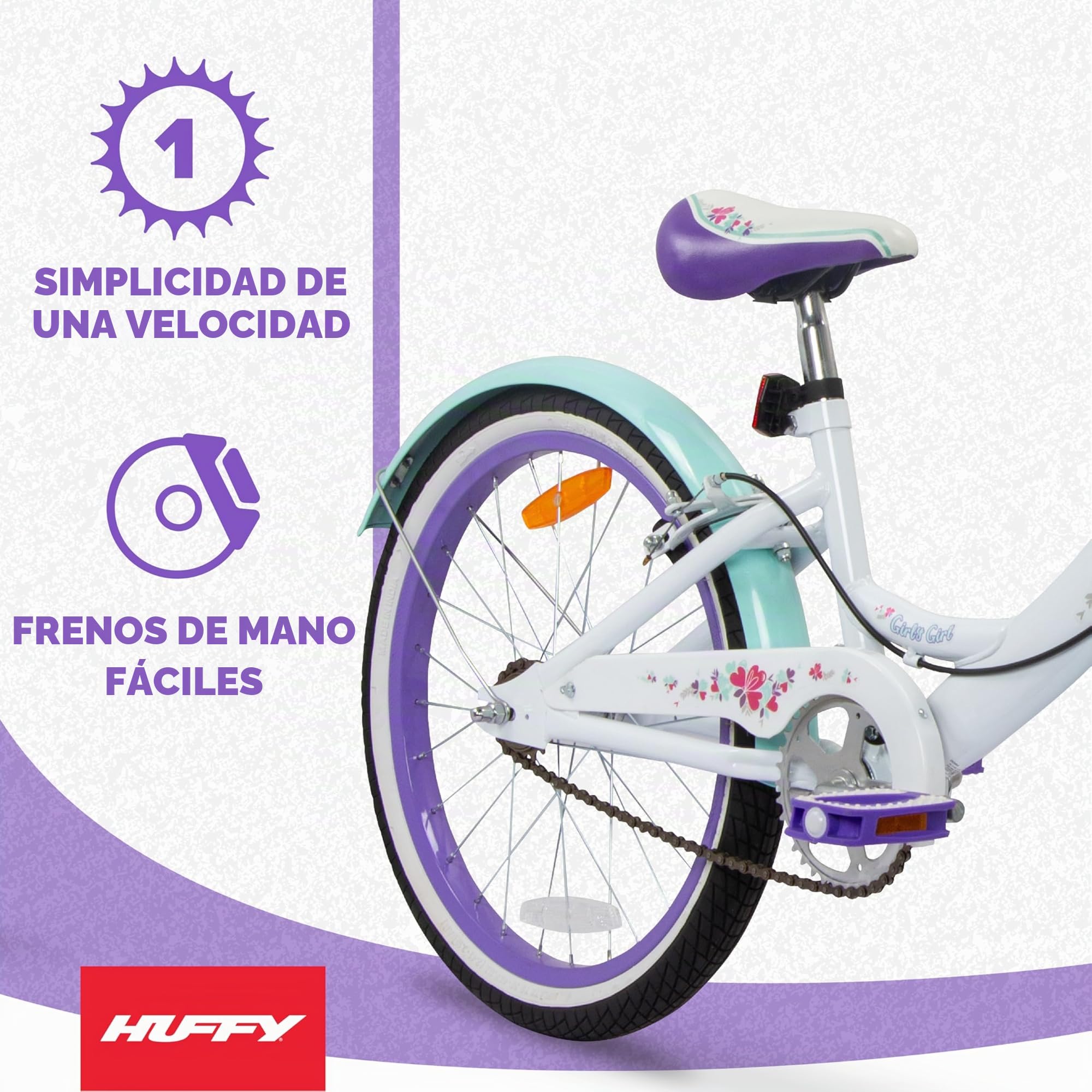 Huffy Girly Girl - Bicicleta para niñas de 20 Pulgadas + Cesta, Color Blanco, Azul y Morado de 6 a 9 años.