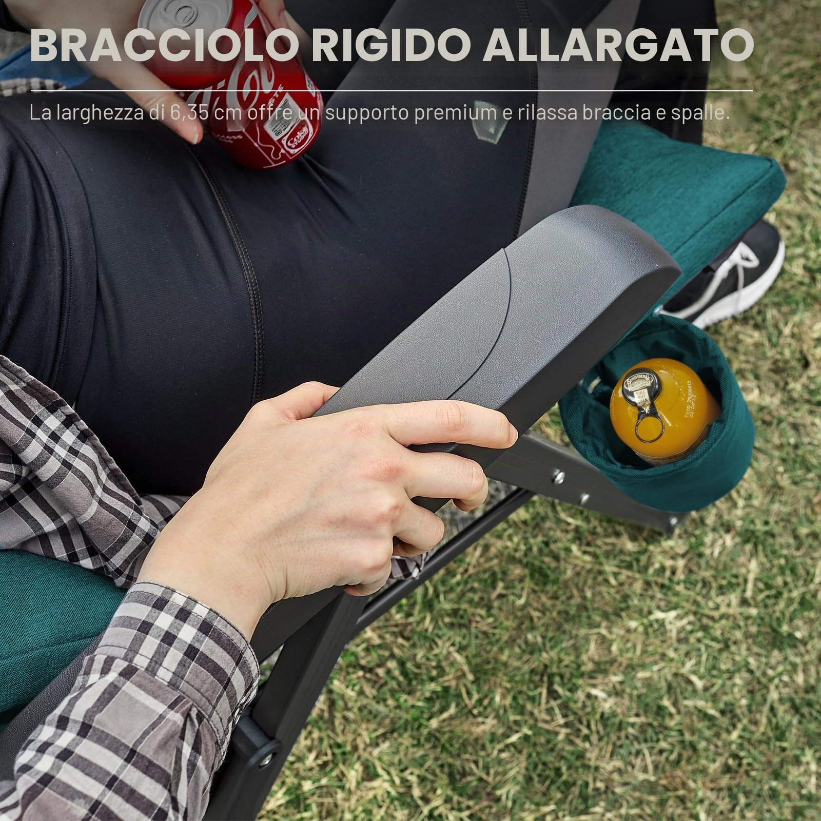 EVER ADVANCED Sedia da campeggio pieghevole con schienale regolabile in 4 posizioni fino a 150 kg, sedia pieghevole spessa 6 cm, imbottita con tasca laterale e porta bevande, sedia da giardino