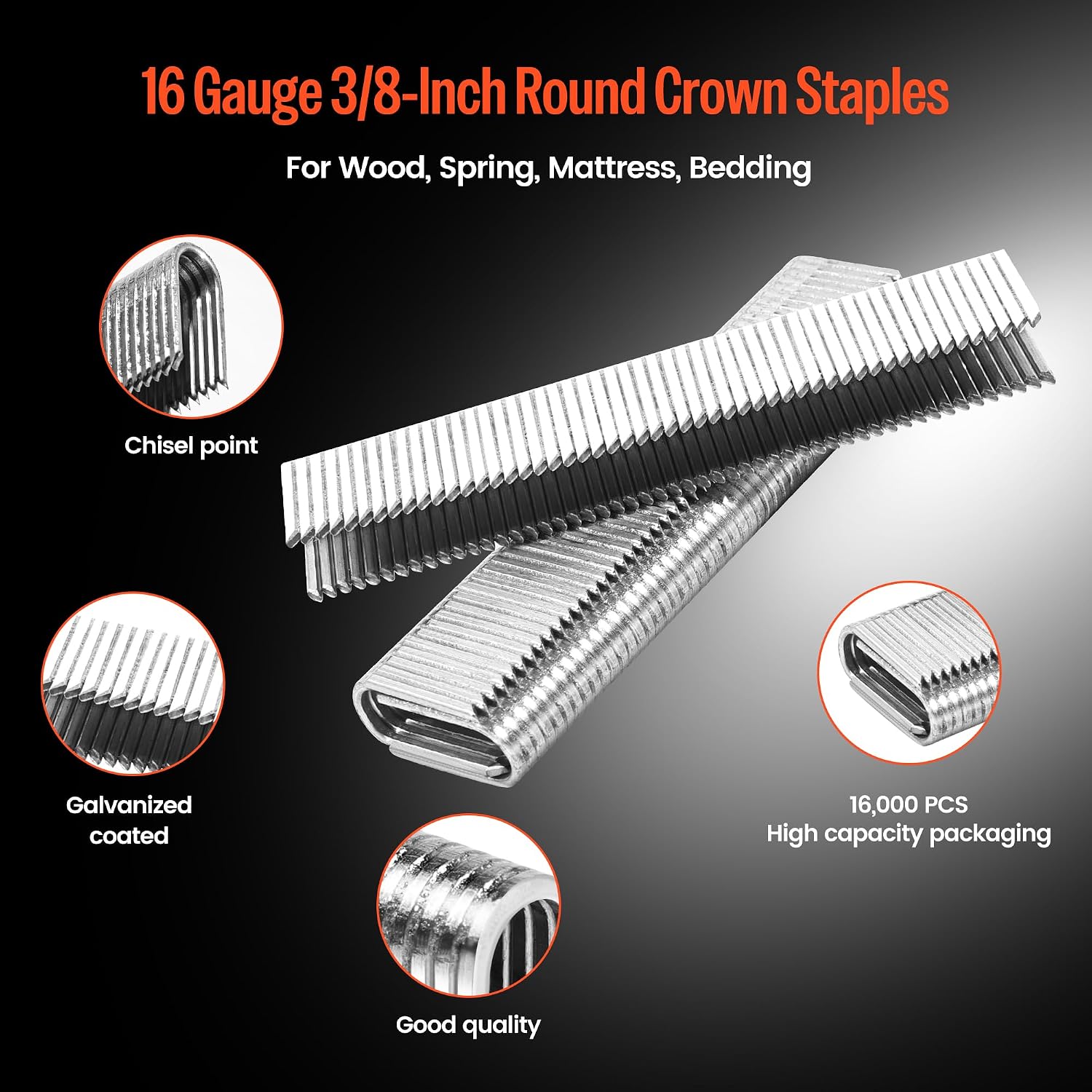 meite 16 Gauge U-Shaped Staples 3/8-Inch Crown 3/4-Inch Length, Galvanized Round Crown Collated Staples Heavy Duty for Pneumatic Stapler Gun on Mattress Furniture Bedding Spring Assembly Upholstery