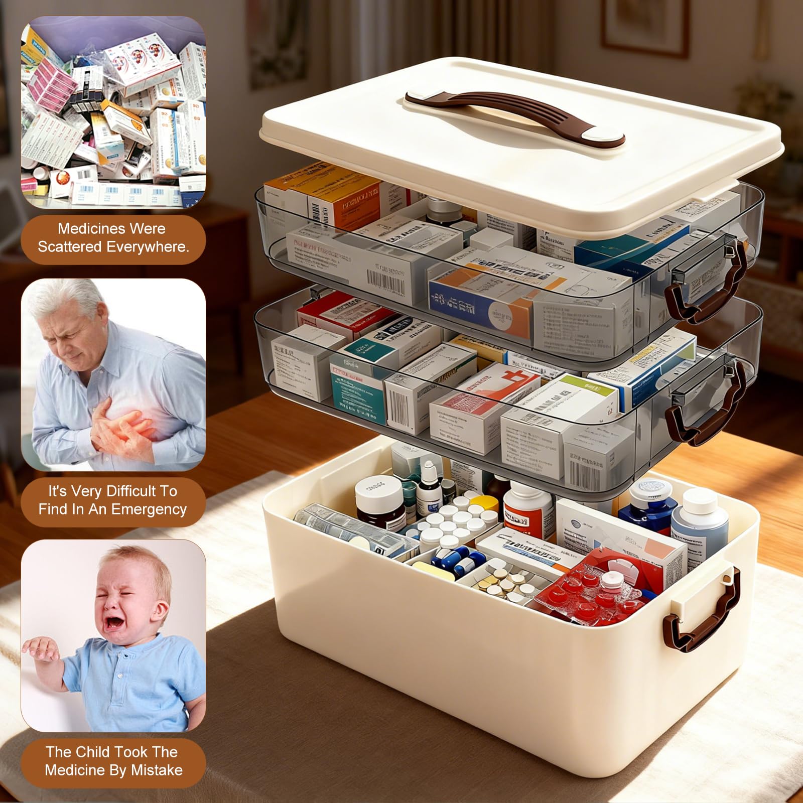 Porta Medicine da Casa, 3 Piani Scatola Porta Medicine, Portatile Scatola per Medicinali con Manico Ergonomico e Coperchio per Medicine, Gadget, Gioielli, Cosmetici (Bianco)