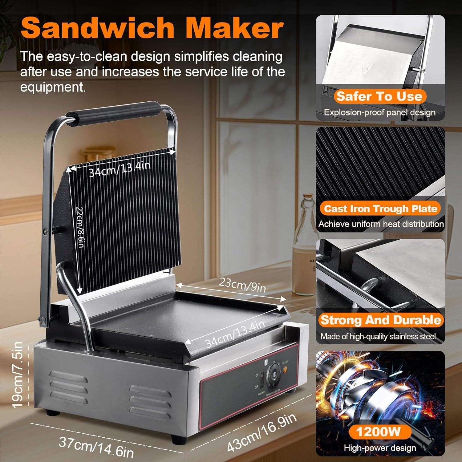 Commercial Electric Paninis Sandwich Grill Large Sandwich Press Paninis Maker Machine 14" x 9" Cooking Surfaces 1200W with Ribbed Top And Bottom Plate (Ribbed Top & Smooth Bottom)