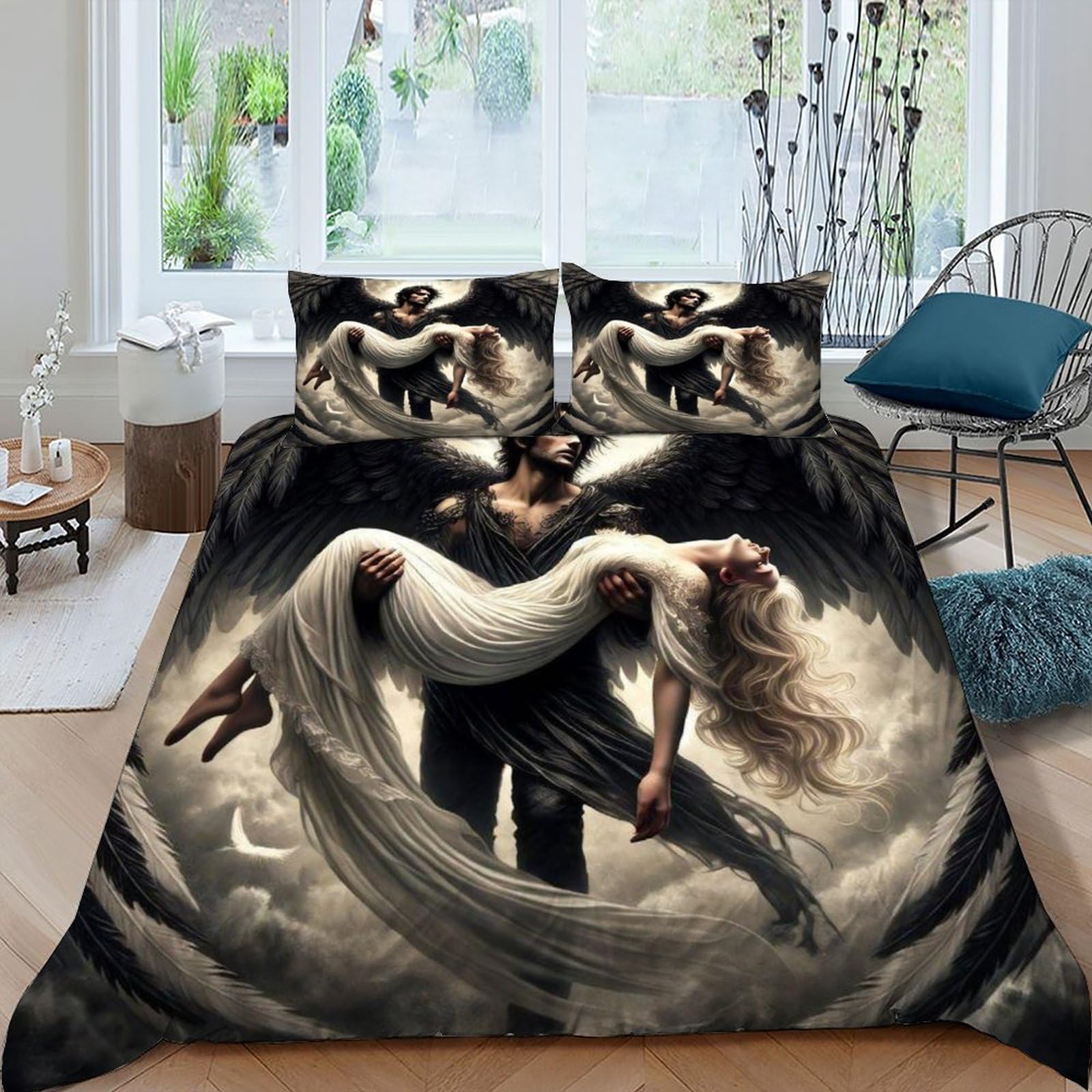 Black Wings White Bedding Set Theme Bedspread Gothic Themes Duvet Cover Set Chic Breathable Quilt Cover Universal for All Seasons with Pillow King（220x240cm）