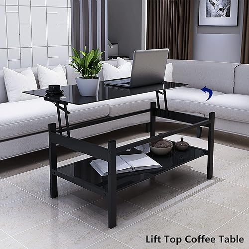 Miniatura 6 de Lift Top Coffee Table with Storage Modern Black Glass Coffee Tables for Living Room with Rectangle Tempered Glass and Metal Frame Lift Tabletop for