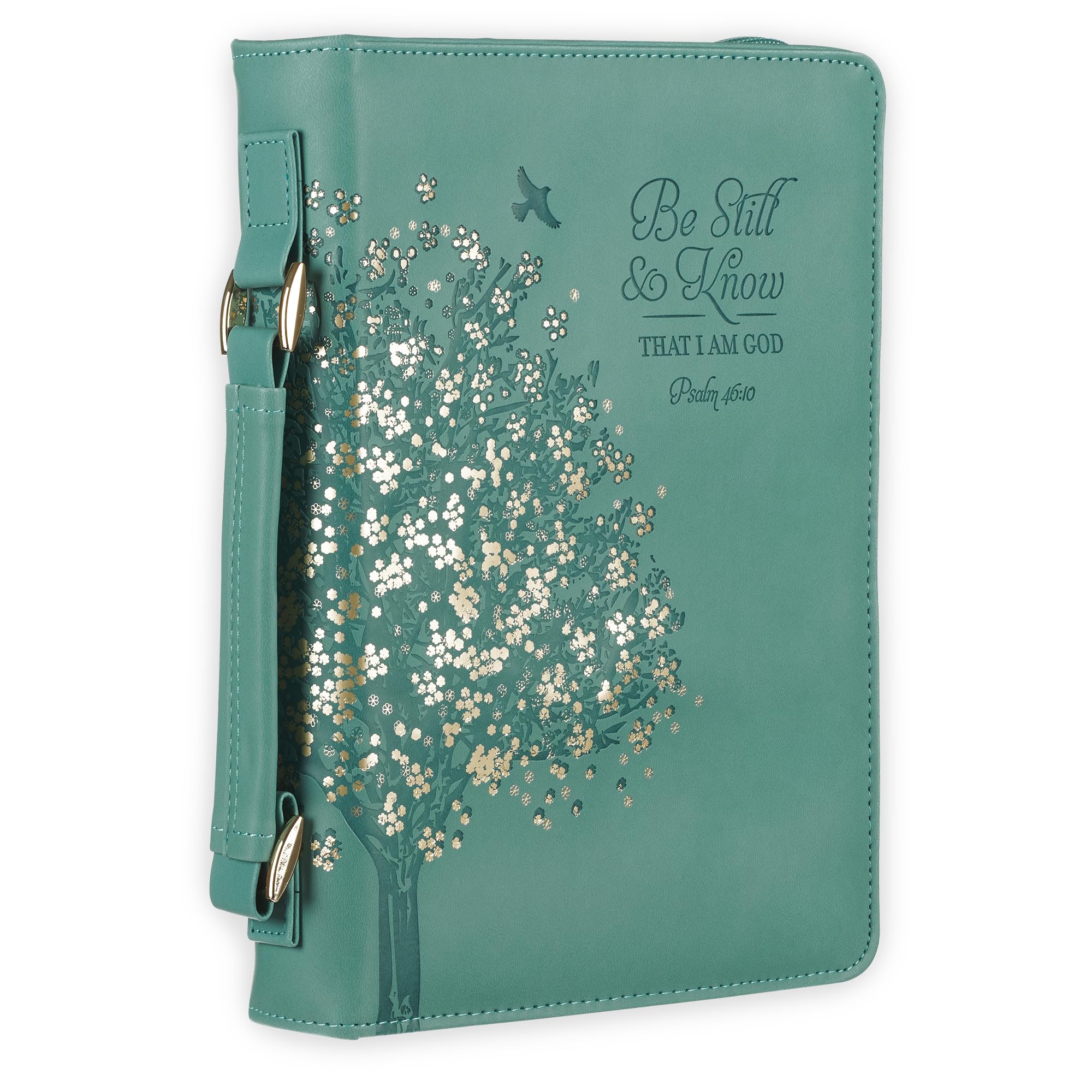 Christian Art Gifts Fashion Vegan Leather Bible Cover for Women: Be Still & Know Inspirational Bible Verse, Teal Floral, Large