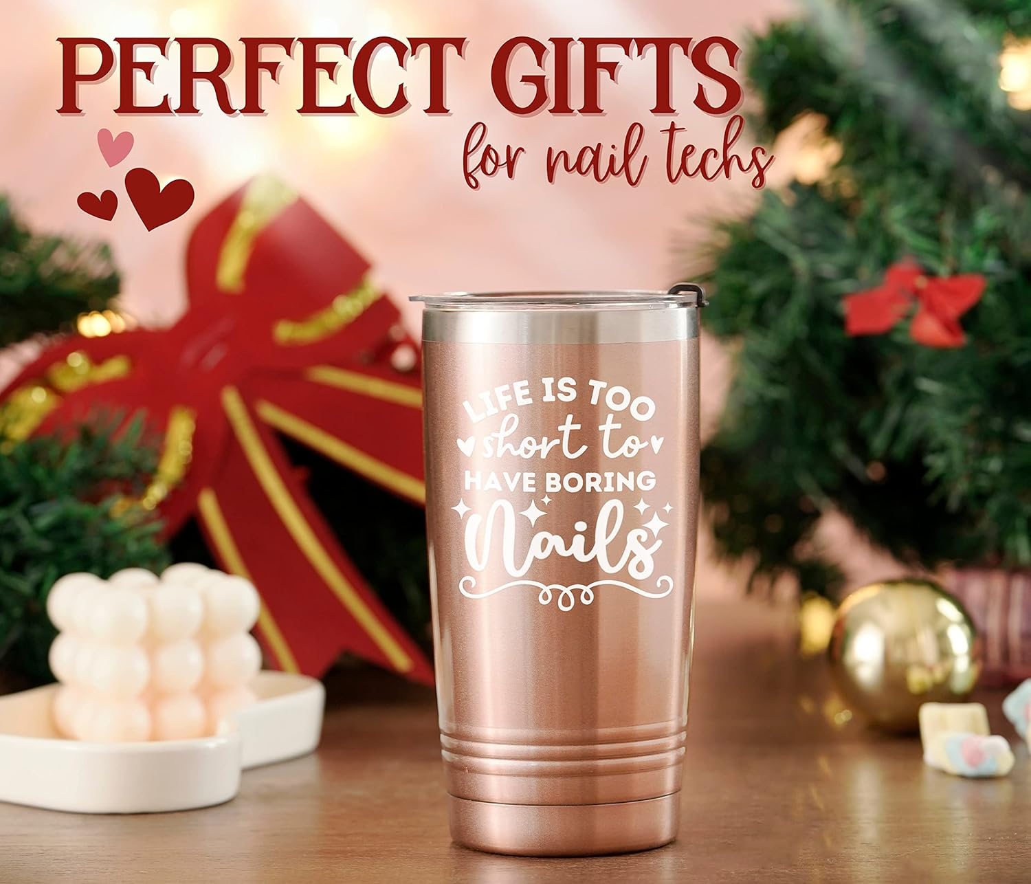 Onebttl Funny Nail Tech Gifts, Nail Tech Must Haves - Life If Too Short To Have Boring Nails - 20oz Stainless Steel Mug with Lid and Straw - Rose Gold