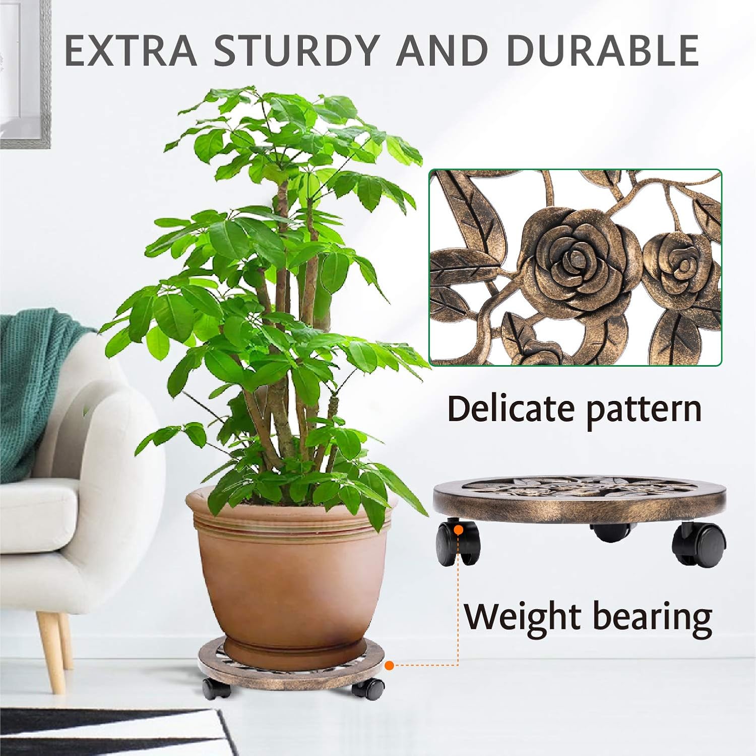 VIVOSUN Plant Caddy, 2-Pack 11.8" Plant Stand, Plastic Heavy Duty Plant Pot Holder, Flower Pot Stand with Wheels, Copper