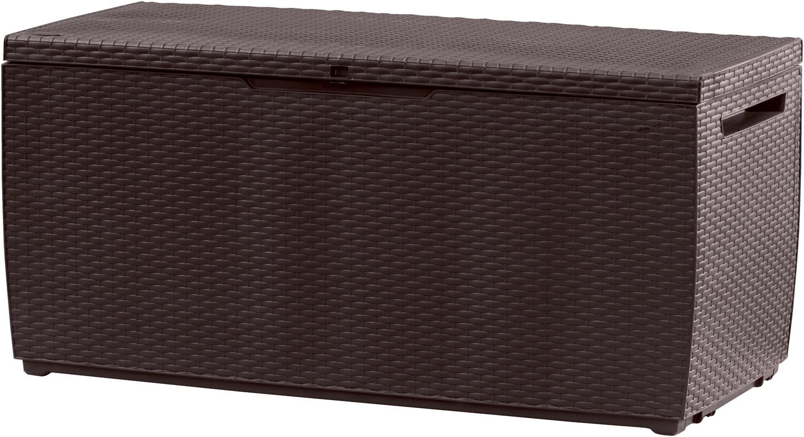 Keter, Capri Outdoor Plastic Storage Box, decorative rattan-style design for ventilation and dryness, seats two adults with lockable option, 123 x 53.5 x 57 cm, 305L, Brown