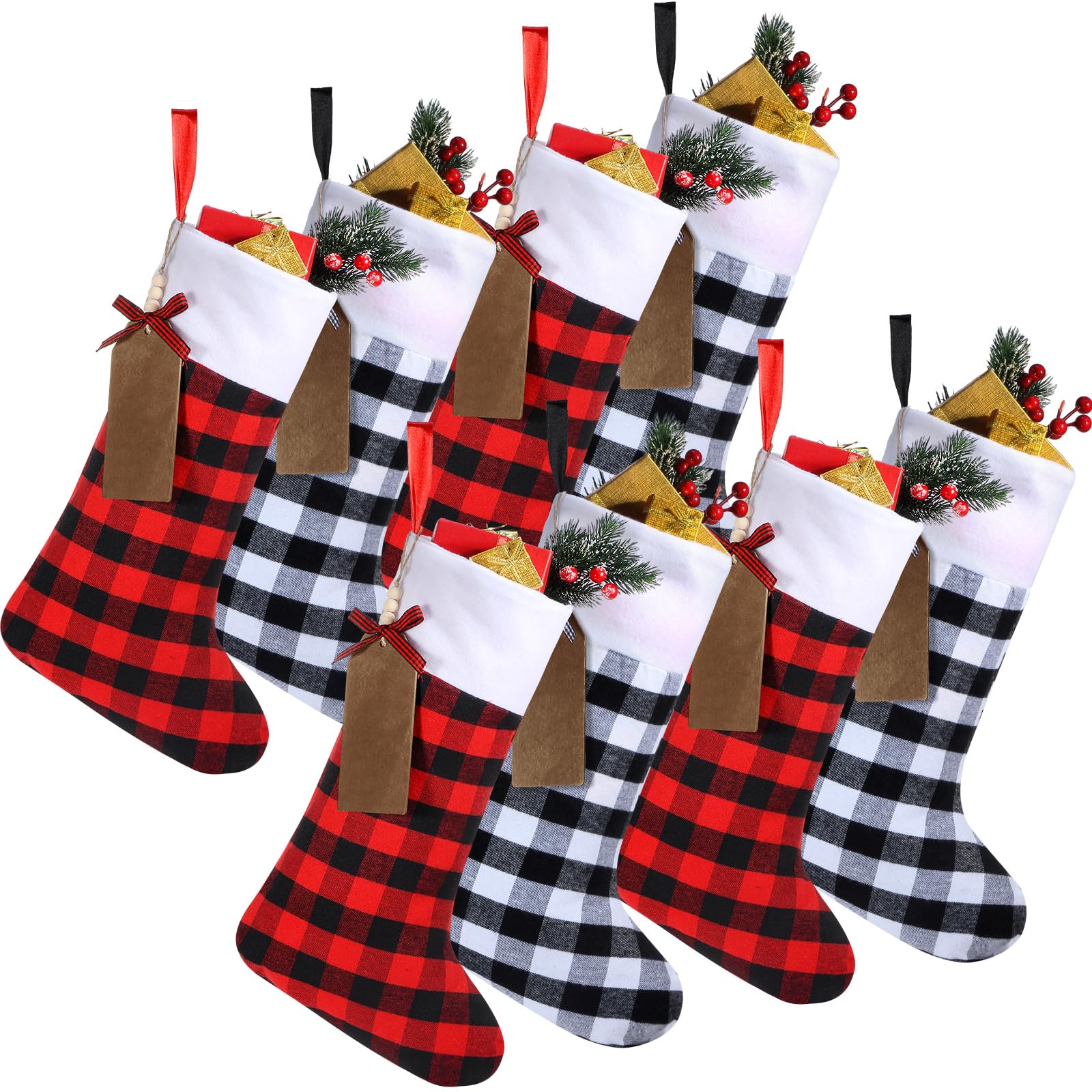 Lot de 16 grandes chaussettes de Noël avec étiquettes de nom en bois à faire soi-même - 45,7 cm - Décorations de Noël à suspendre avec étiquettes pour décoration de fête de Noël (blanc noir, rouge
