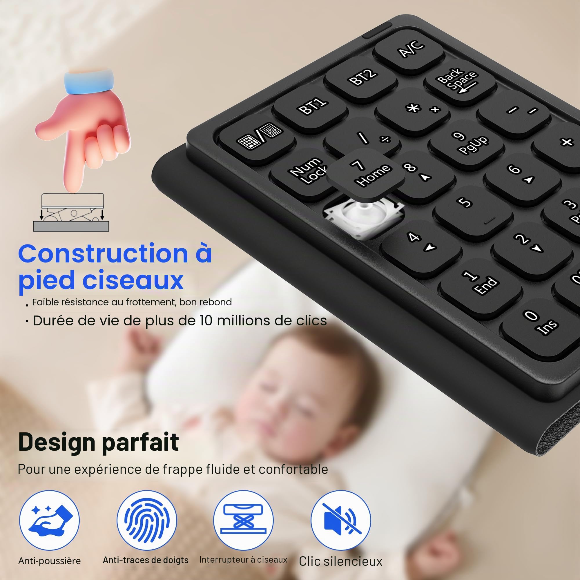Pavé numérique Bluetooth avec calculatrice & tactile - Pavé numérique sans fil portable, pliable et rechargeable, 23 touches, Bluetooth clavier numerique,calcul et pavé tactile 3 en 1 pour pc portable
