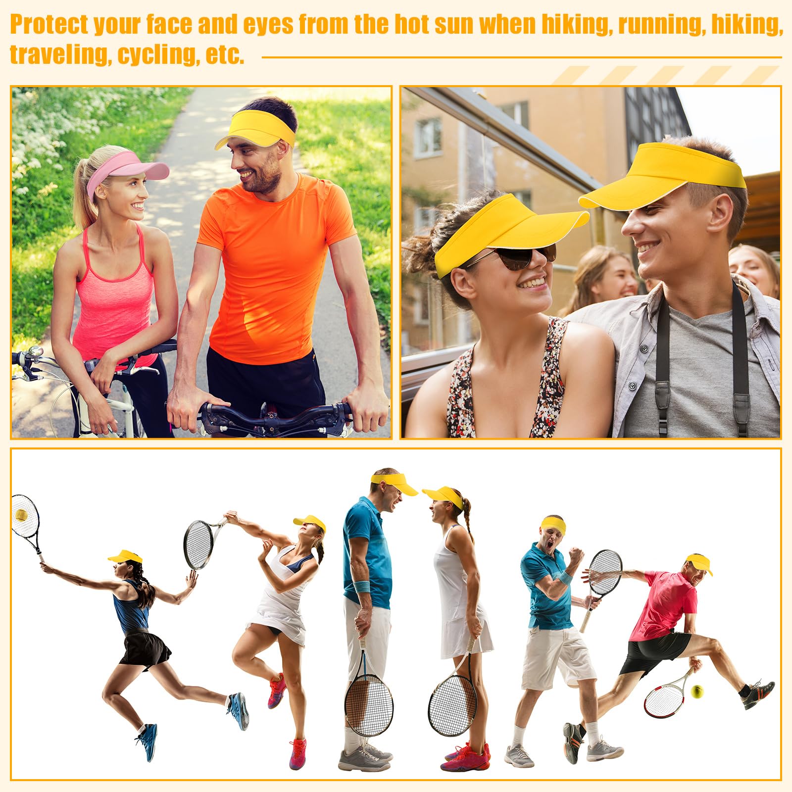 Lot de 24 visières en vrac pour femme - Chapeau de soleil - Protection UV - Pour le tennis, le baseball, le golf, jaune, Taille unique