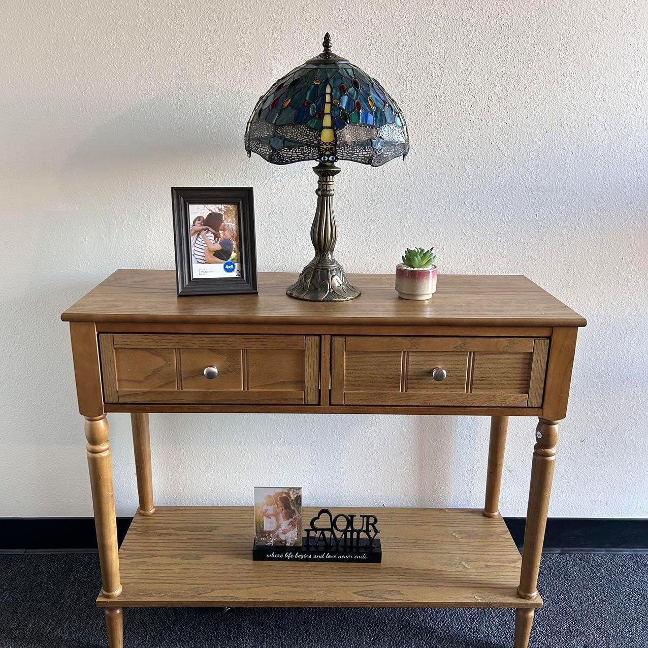 Tiffany Table Lamp Dragonfly Green Blue Stained Glass Vintage for Living Room Dining Room Bedroom Bedside Office Hotel H18*W12 in