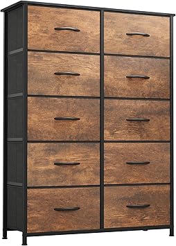 GOOBED 10 Drawers Dresser - Fabric Storage Tower Organizer Unit for Bedroom, Living Room, Hallway, Closets - Sturdy Steel Frame, Wooden Top & Easy Pull Fabric Bins