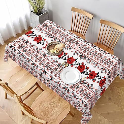 Mantel de rosa estilo bordado ucraniano para mesas rectangulares, a prueba de aceite, a prueba de derrames y fácil de limpiar, mantel de 60 x 90
