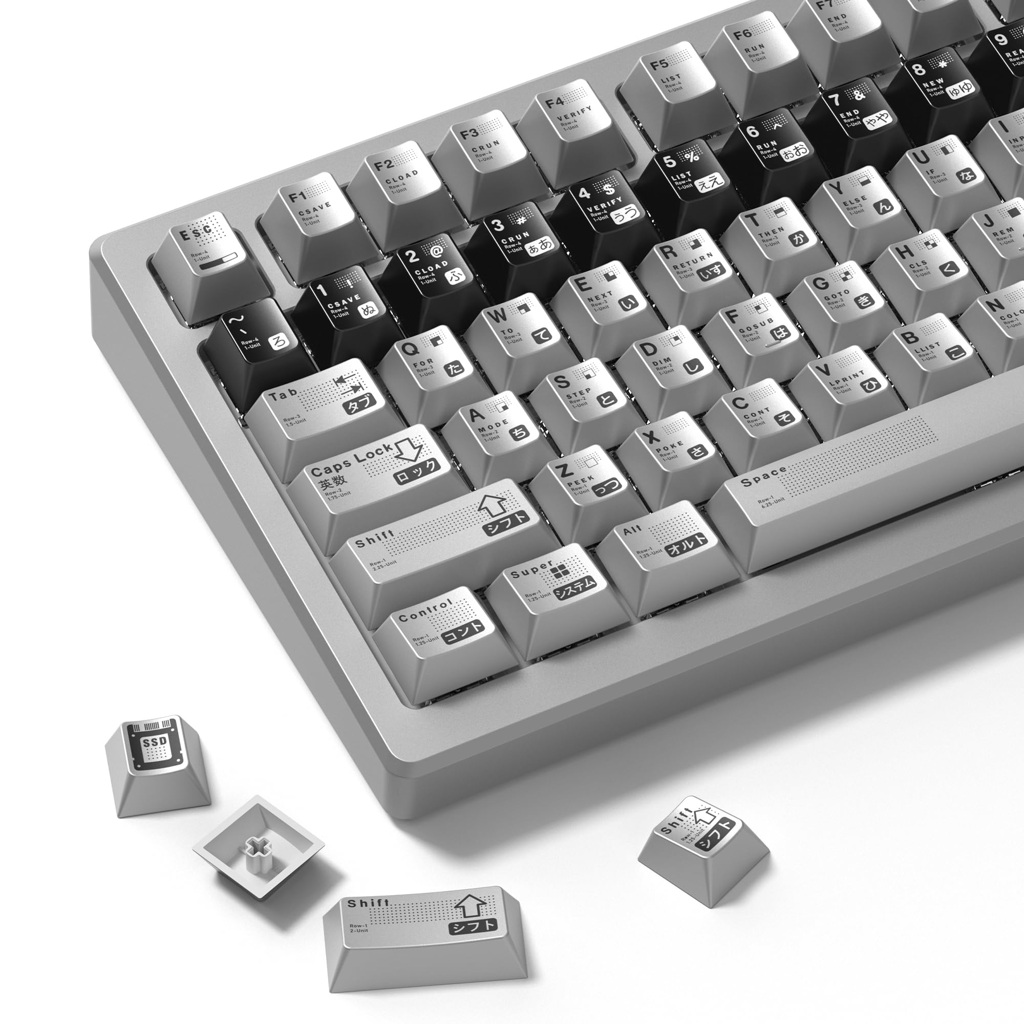 PBT Keycaps with Metal Paint, Janese Style 112-Key Black/Silver Custom Keycap Set dye Sublimation,Cherry Profile Key caps for 61/64/66/68/75/84/87 MX Switches Mechanical Keyboards