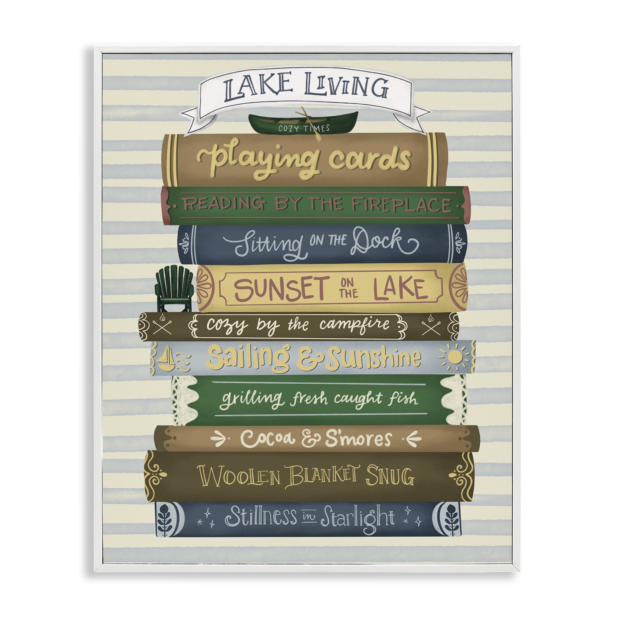 Stupell Industries 'Lake Living Book Stack', Framed Giclee Art, White, 24 x 30 Inches, Easy to Hang and Sturdy, Made in USA, by Giao Williams