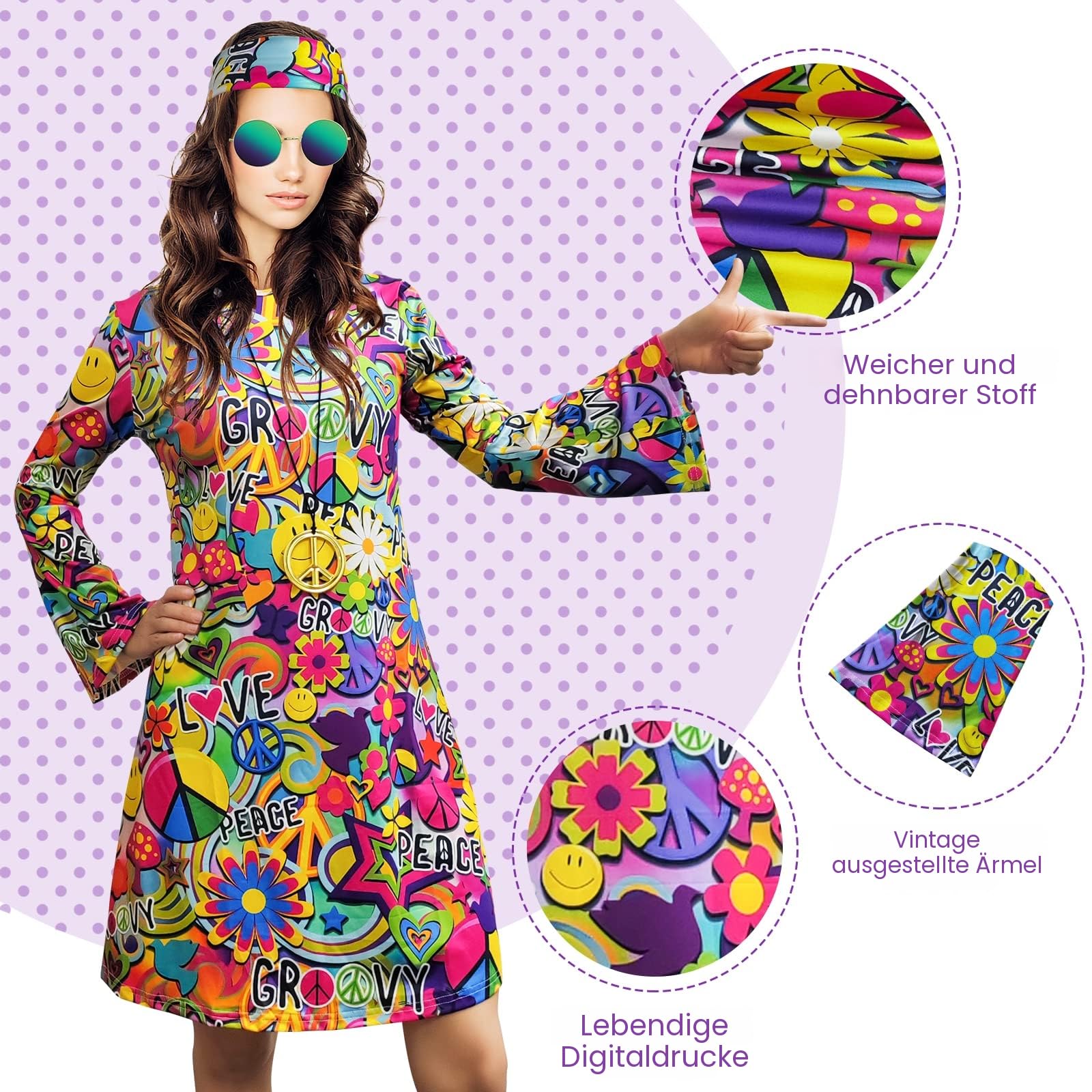 Damen-Hippie-Kleid, 1970er-Kostüm, mit Halskette, Ohrringen, Sonnenbrille, Disco-Outfit, 1960er-Party-Kostüm, Halloween Retro-Kleid