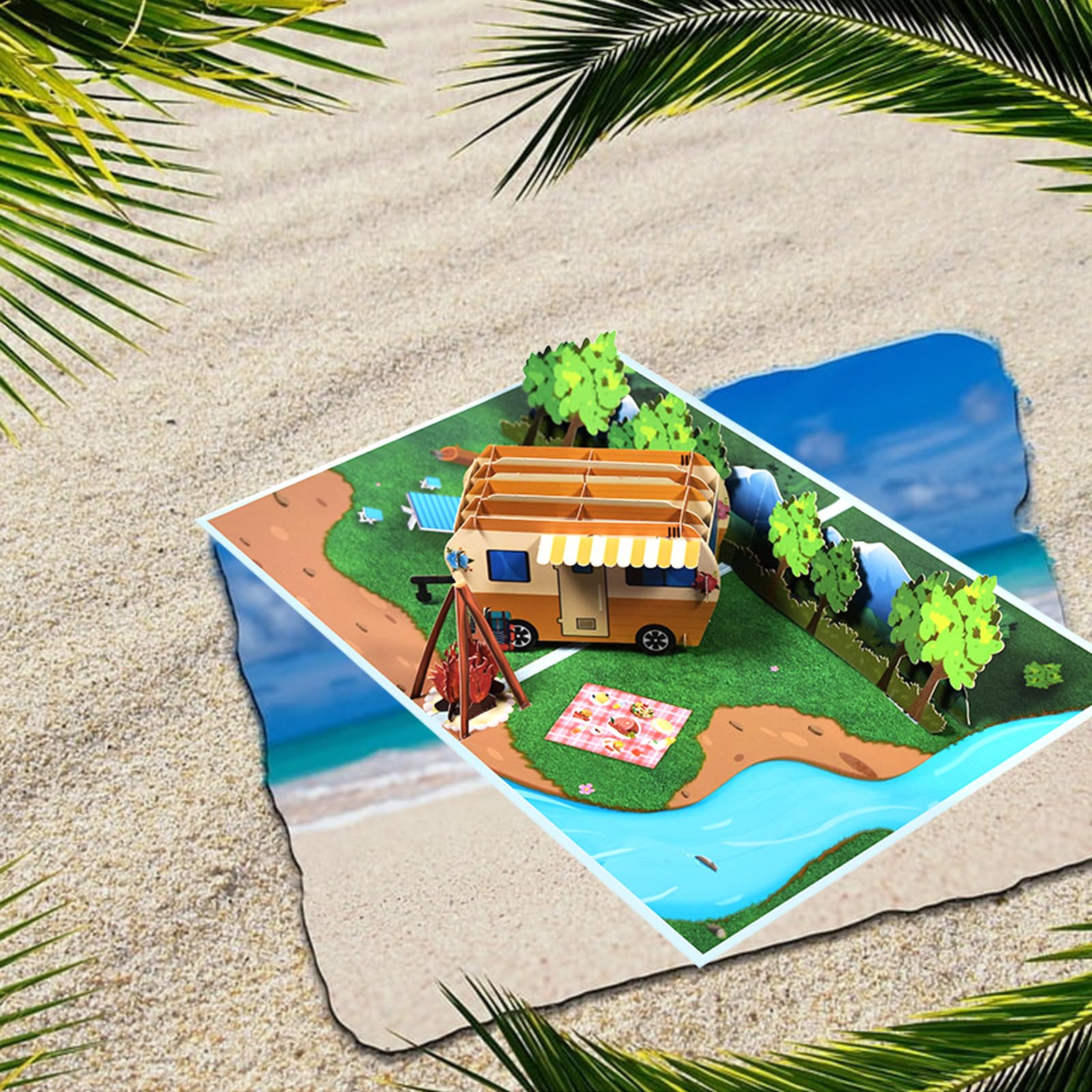 Koboko Kartka pop-up z przyczepą kempingową, kartka urodzinowa 3D, bon podróżny na kemping, prezent na kemping, zabawny prezent na kemping dla kobiet i mężczyzn
