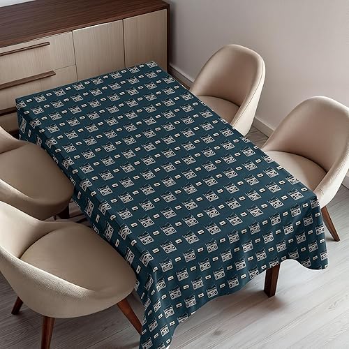 Ambesonne Music Tablecloth, Retro Boomboxes and Tape Cassettes Vintage Audio Sound System Disco Fashion, Rectangular Table Cover for Dining Room