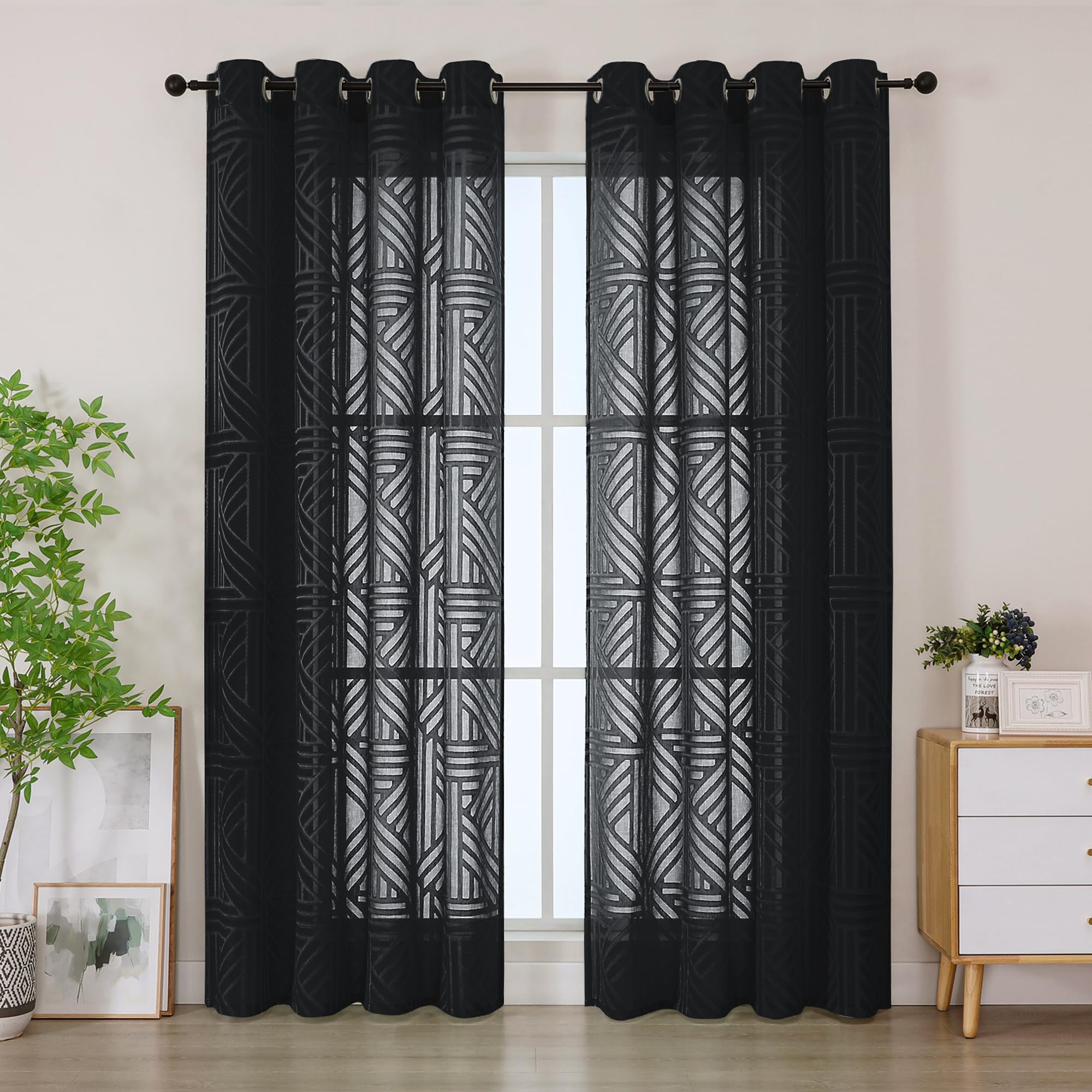 Simplebrand Semi Sheer Black Curtains 140x183cm 2 Panels, Light Filtering Geometric Jacquard Clip Textured Sheer Curtains for Bedroom，Modern Elegant Window Curtains Drapes