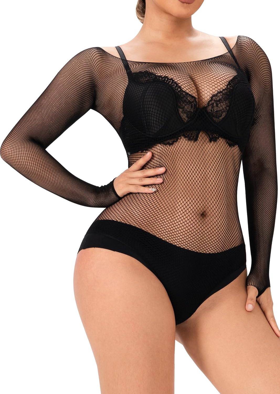 Fishnet Bodysuit Tops Women Mesh Lingerie Long Sleeve Mesh One Piece Body Suit