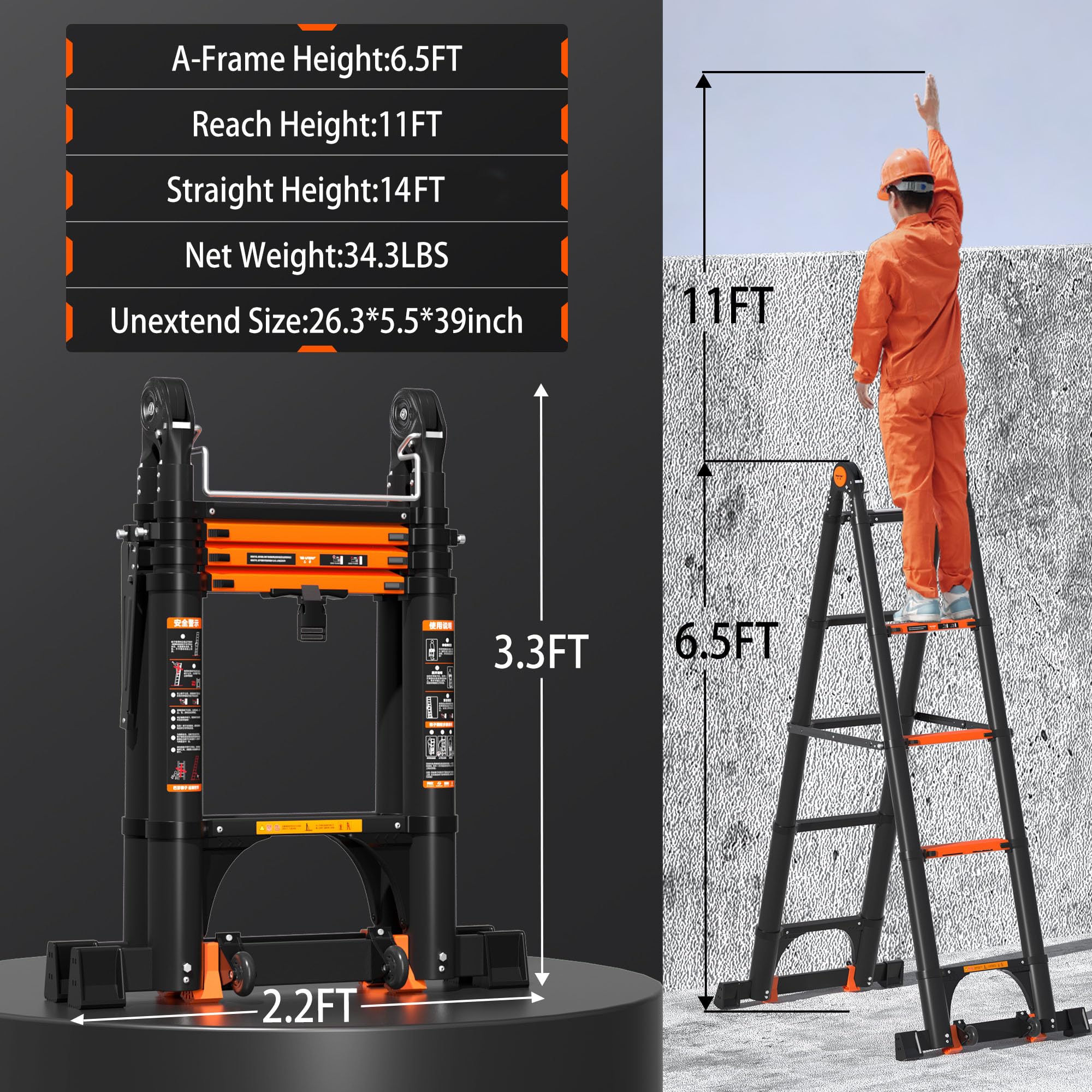 Telescoping Ladder A Frame, 14FT Portable Extension Ladder with Stabilizer Bar Aluminum Folding Step Ladder Collapsible for Household Black