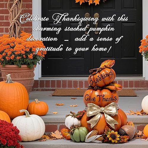 Vista 8 de Hodao Decoración de calabaza de Acción de Gracias, figura de calabaza apilada de resina con letrero de agradecimiento, decoración de cosecha