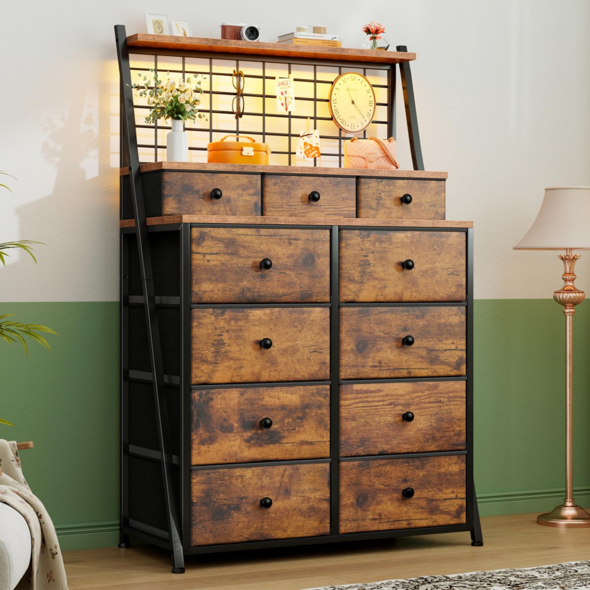 EnHomee 51"H,Dresser for Bedroom with 11 Fabric Drawers,Tall Dresser with LED Lights,Dressers & Chests of Drawers for Bedroom,Drawers for Bedroom,Living Room,Closet,Wooden Top,Steel Frame,Rustic Brown