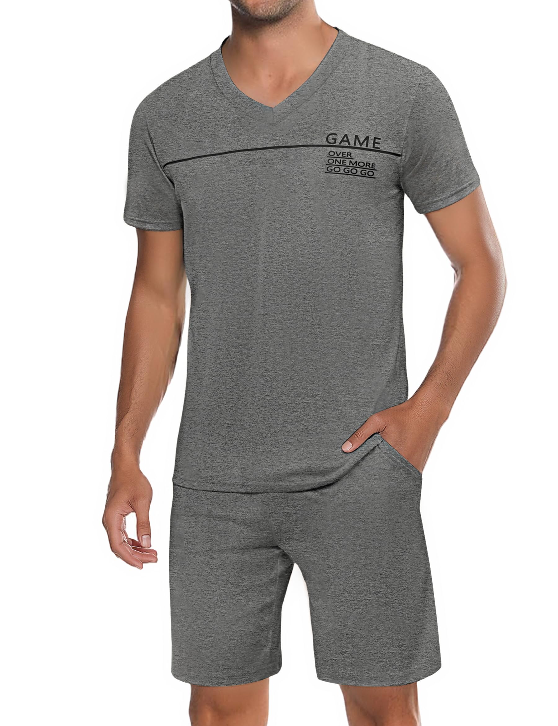 Marvmys Pyjama voor heren, zomer, kort, katoen, licht, tweedelig, korte mouwen, V-hals, T-shirt en shorts S-3XL, Zwart, 3XL