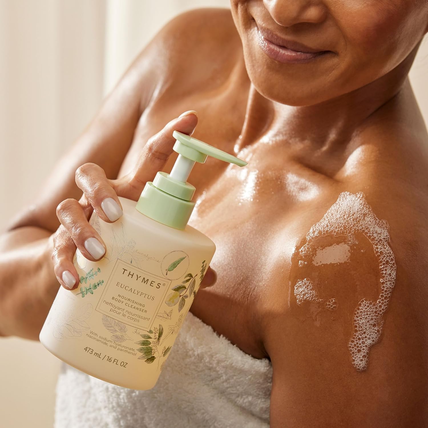 Thymes Nourishing Body Cleanser - Large Moisturizing Body Wash with Pump - Hydrating Cleanser - Notes of Eucalyptus Oil, Lemon, Petitgrain, Bergamot, Lemongrass, & Lush Fir (Eucalyptus, 16 fl oz) - Image 4