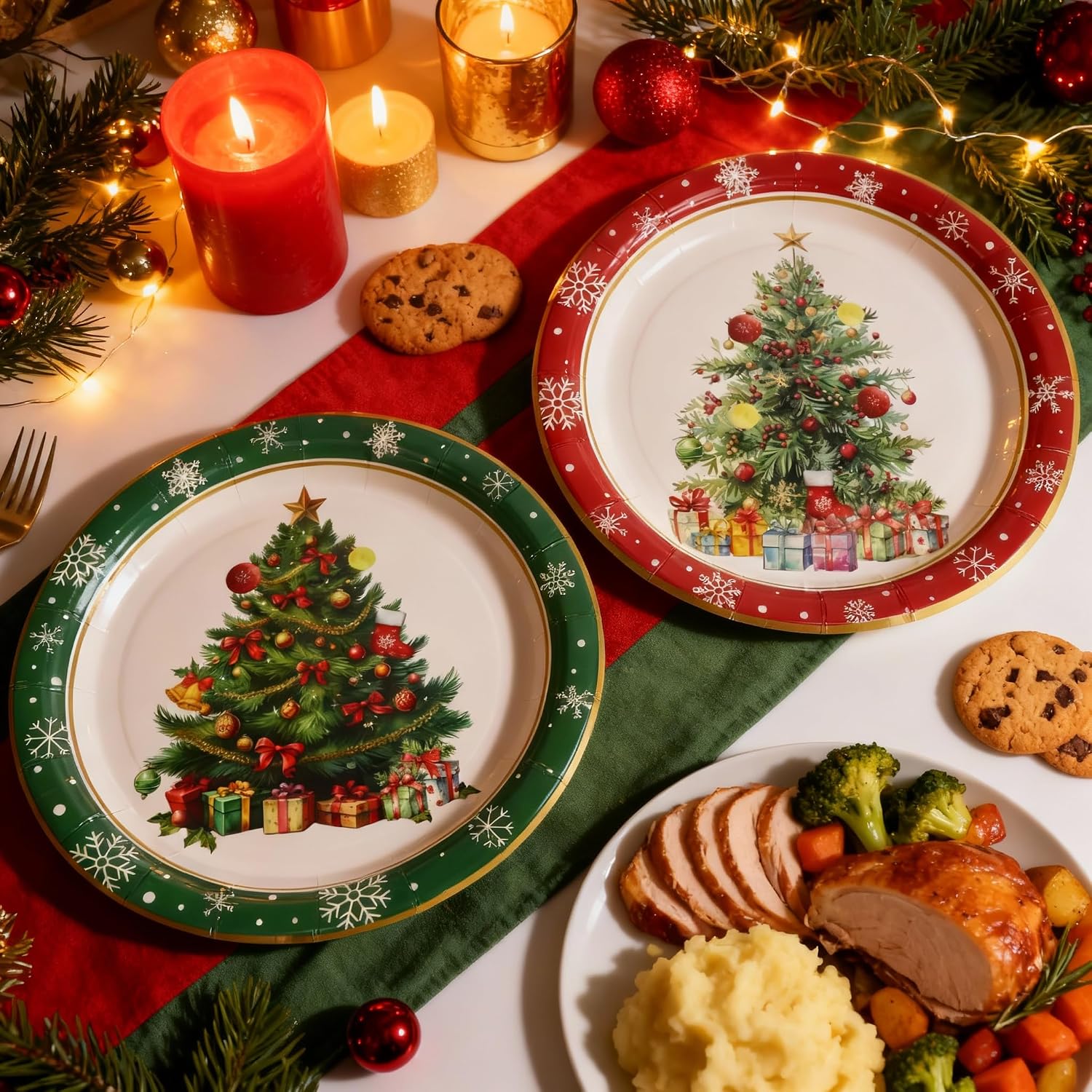 50pcs 9-Inch Christmas Paper Plates – Red & Green Festive Christmas Tree Disposable Tableware for Holiday Parties, Family Gatherings, Office Parties, Cookie Exchanges, Holiday Buffets, Festive Dinners image 4