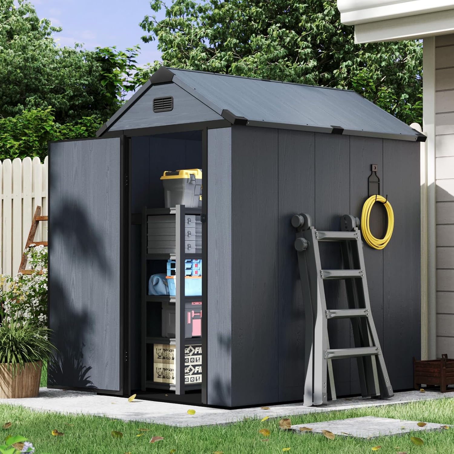 Aoxun 4×6 FT Outdoor Storage Shed, Resin Shed with Reinforced Floor, All-Weather Plastic Tool Storage with Lockable Door, Window & Vents for Garden, Patio, Bike & Garbage Can, Dark Gray