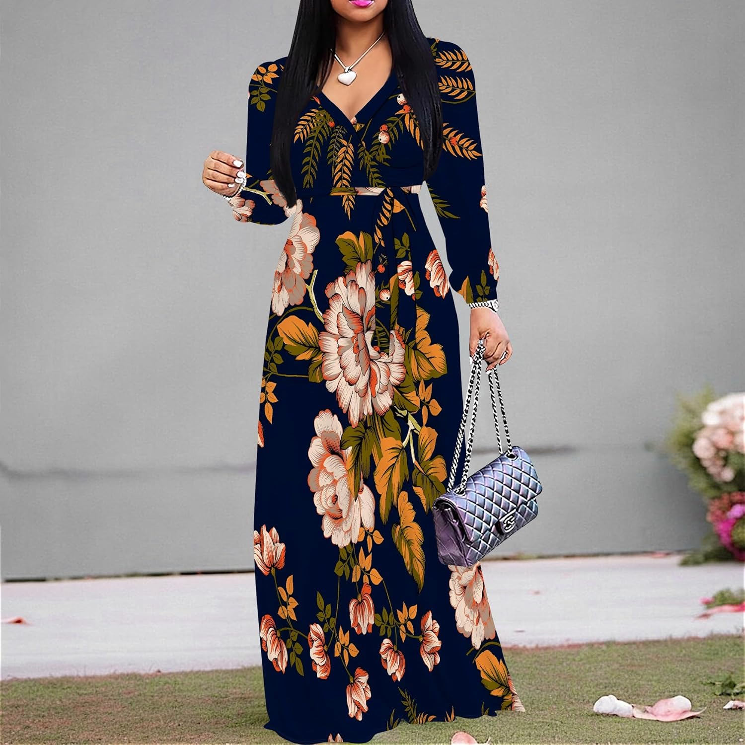 Women's Plus Size Maxi Dresses Long Sleeves V Neck Floral Print Bohemian Swing Long Dress with Belt - Image 3