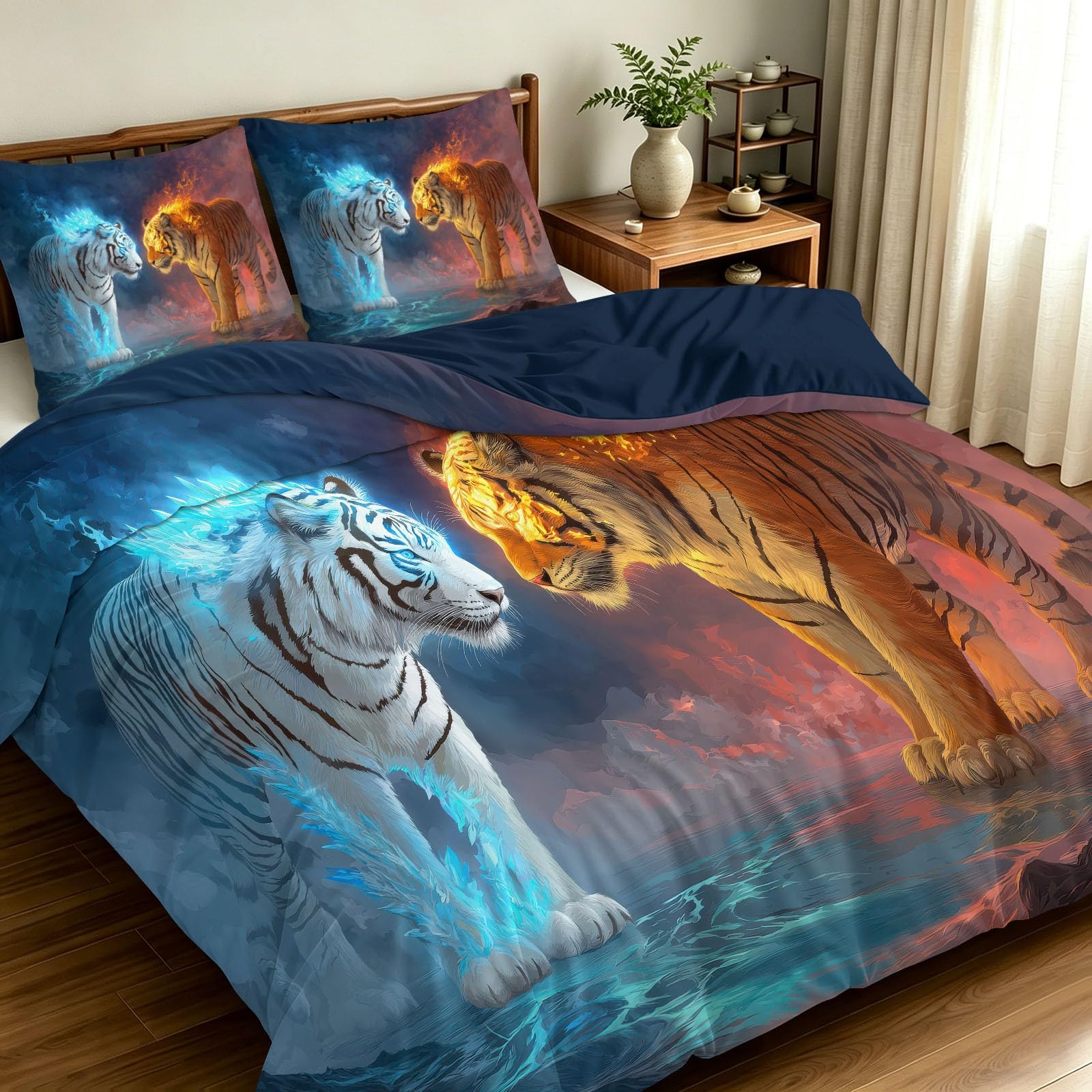 Housse de Couette Tigre 200x200 cm avec 2 Taies d'Oreiller en Microfibre Bleue
