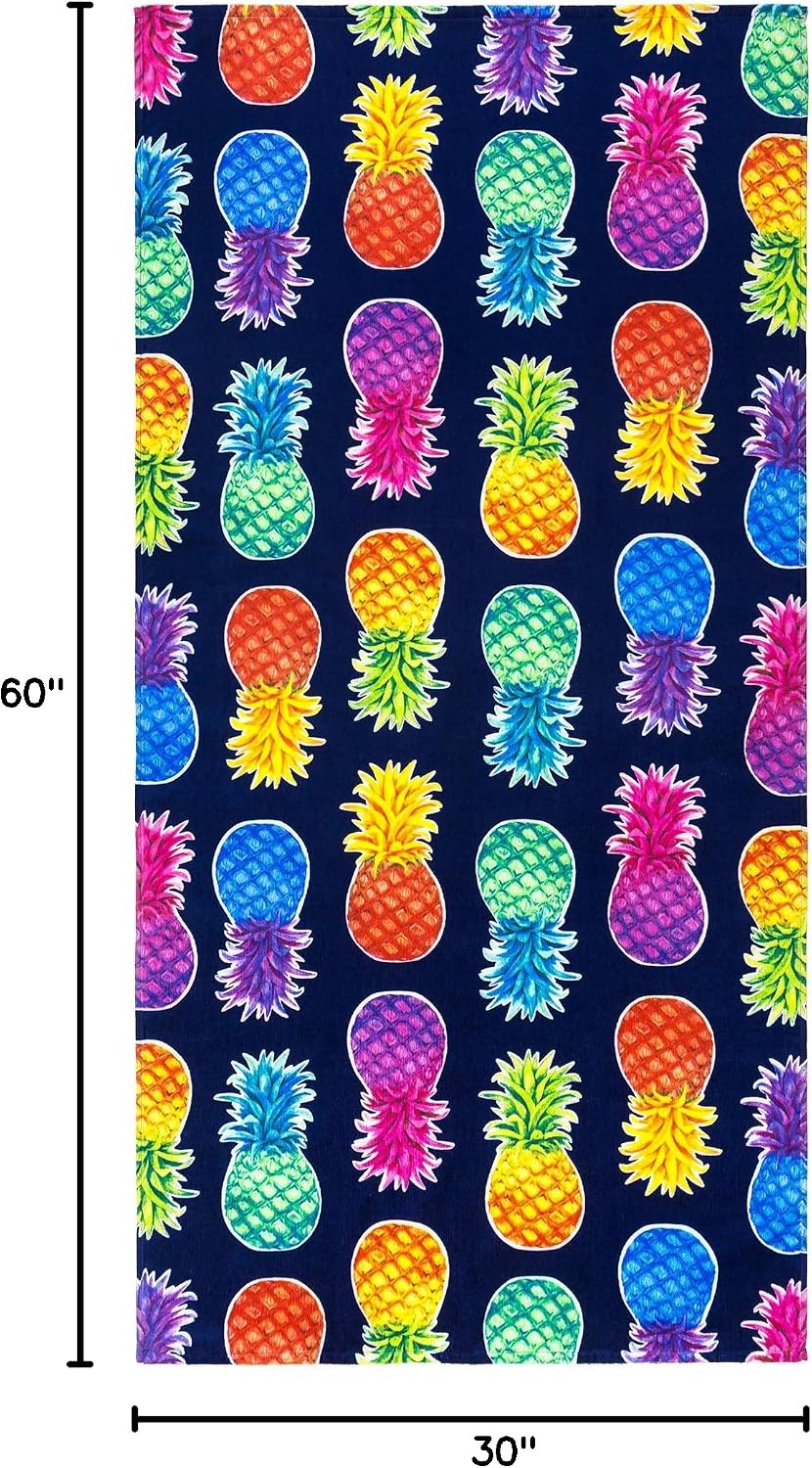 Softerry Colorful Pineapples Beach Towel 30 x 60 inches 100% Cotton (1 Towel - 30" x 60", Navy)