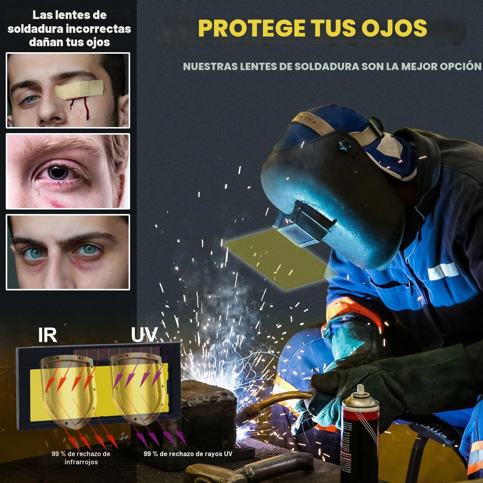 Lente de soldadura de oscurecimiento automático 2x4 1/4, tono variable 5-13, tecnología de color verdadero, sensibilidad ajustable/tiempo de recuperación/rango de tono, se adapta a la mayoría de