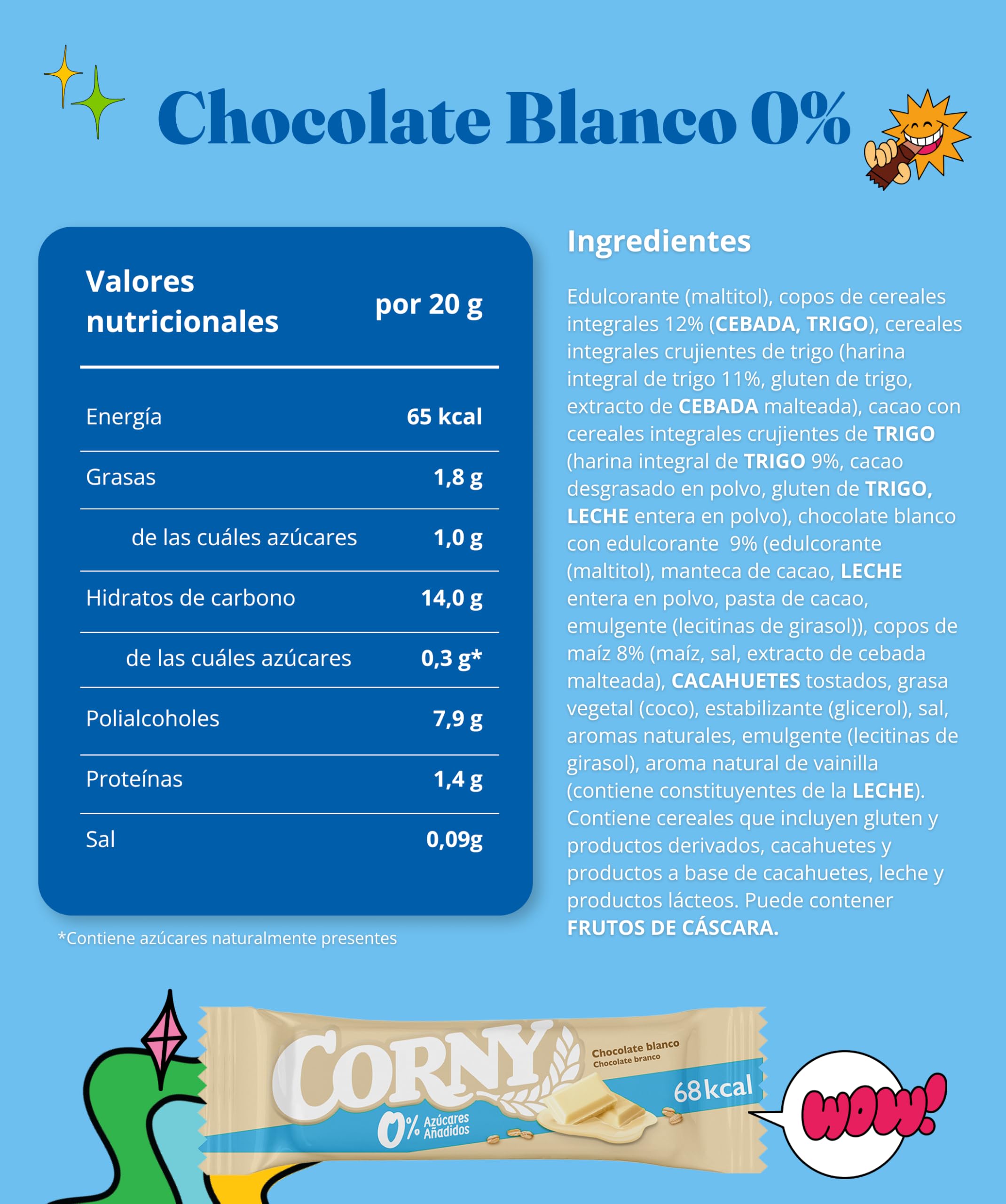 Corny - Barritas de Cereales 0% de Chocolate Blanco, Sin Azúcares Añadidos, Bajo en Calorias y Grasas Saturadas, Fuente de Energía, Fibra y Proteinas, Pack de 10 (60 unidades), 6x20 g