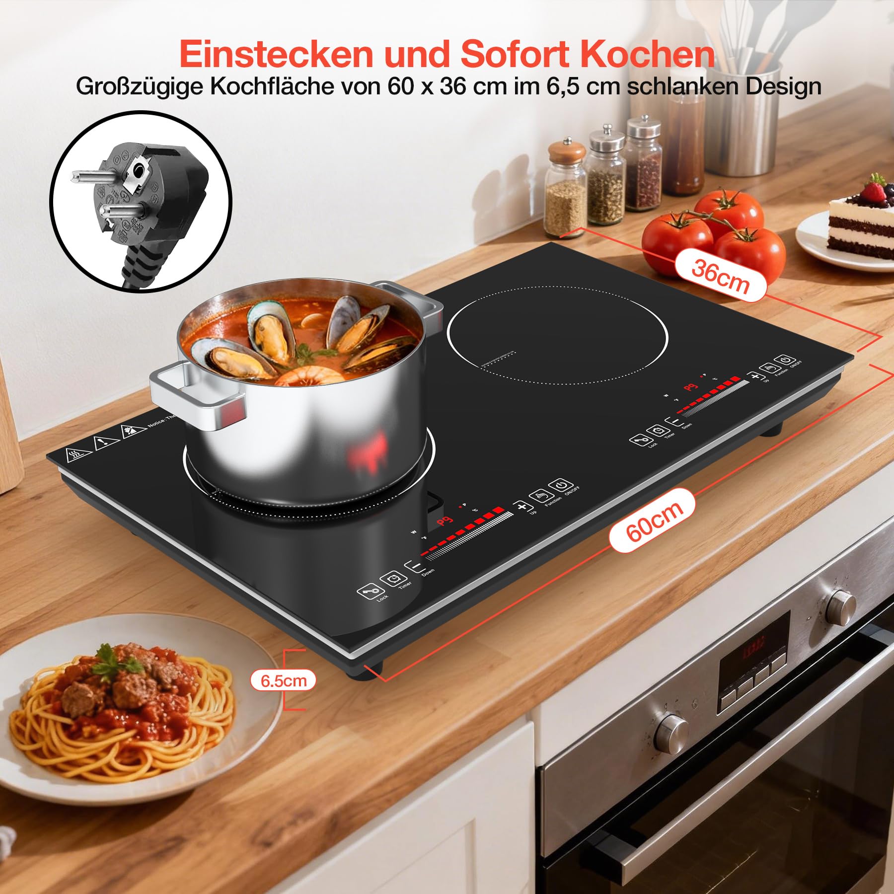 Induktionskochfeld 2 Platten 3600W, Freistehende Kochplatte Elektrisch 60cm mit 9 Leistungsstufen, Timer und Kindersicherung, Doppelkochplatte für Küche und Wohnung